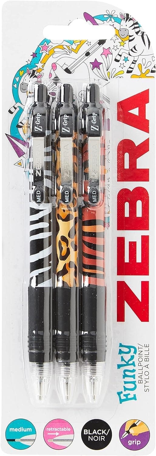 Zebra Pen Z Grip Black Pens Ballpoint, Smooth & Funky Pens With Pocket Clip, Retractable & Reliable Black Biro Multipack For Everyday Use - Animal Design, 3pk