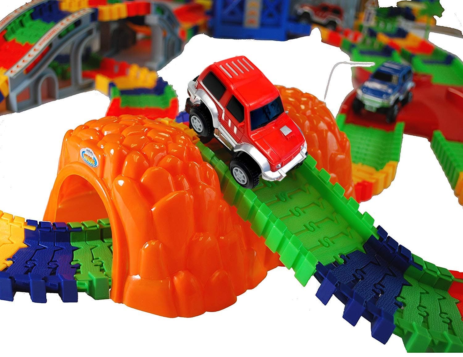 MMP Living Super Snap Speedway - Deluxe Bend and Flex Track Set with 3 Electric Cars, Tunnels, Bridge, Elevator, ramp, Track Merge and Accessories - Over 300 Pieces