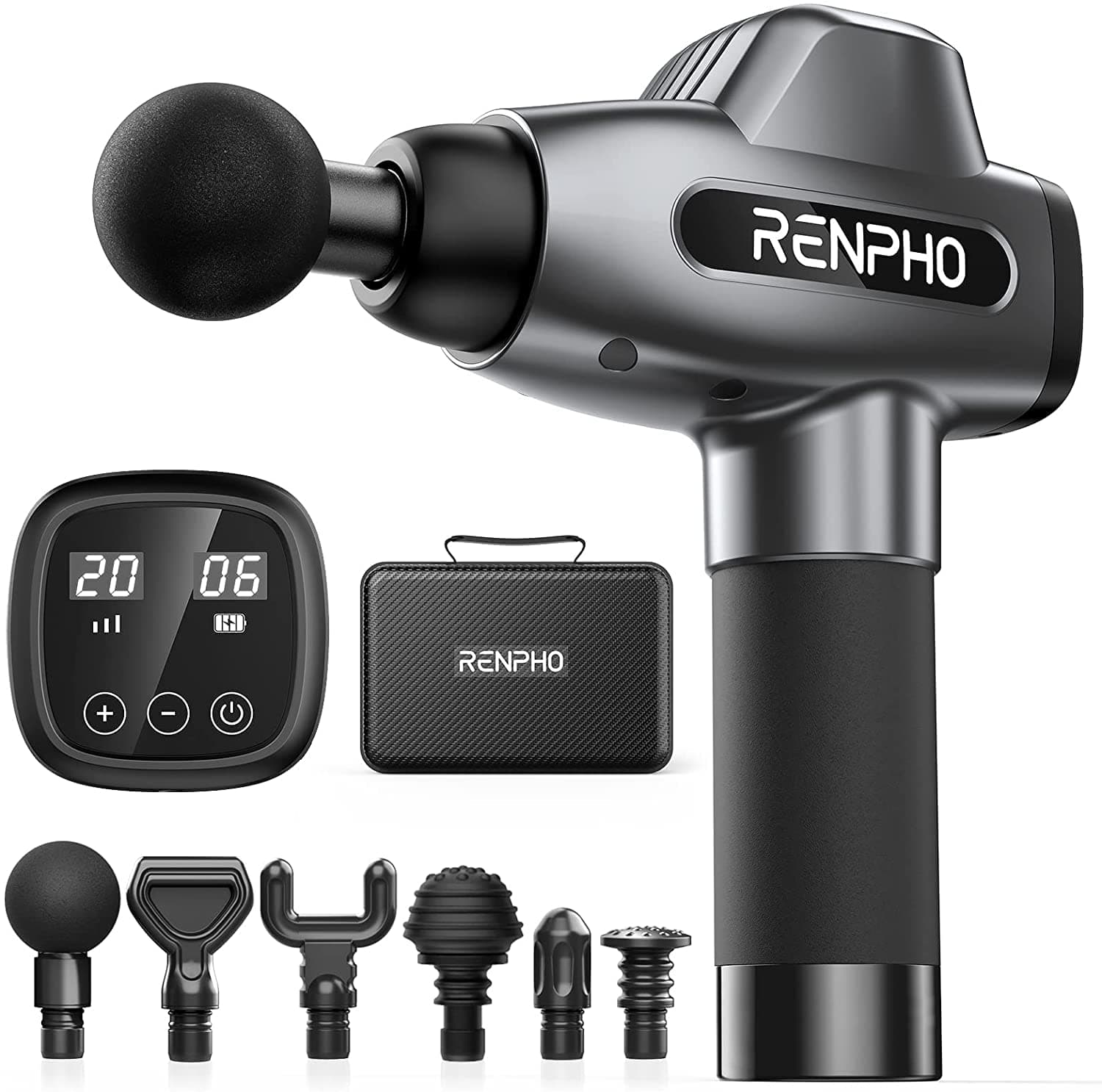 RENPHO Percussion Massage Gun, Professional Powerful Quiet Deep Tissue Massager, 20 Speeds, Electric Massage Gun with Case, 6 Massage Heads for Athletes, Back, Neck, Shoulder Relaxation, Home, Gym