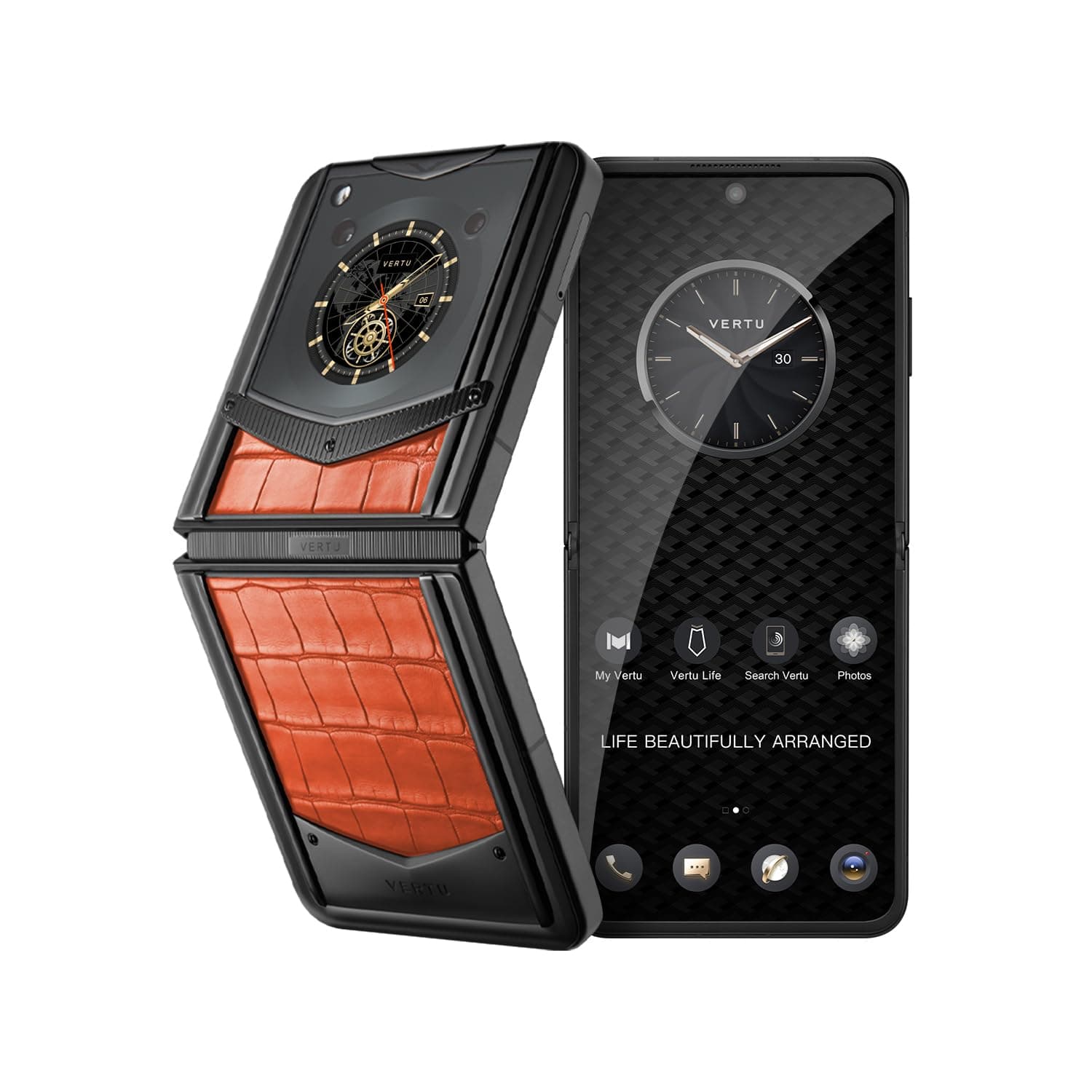 Vertu IRONFLIP Alligator Skin Flip Cell Phone, Unlocked Android 5G Smartphone, Foldable Design, One-Hand Control, 50MP Camera, 12G+512G, Dual SIM, 6.9" 120Hz OLED, 65W Fast Charge(Phoenix Orange)