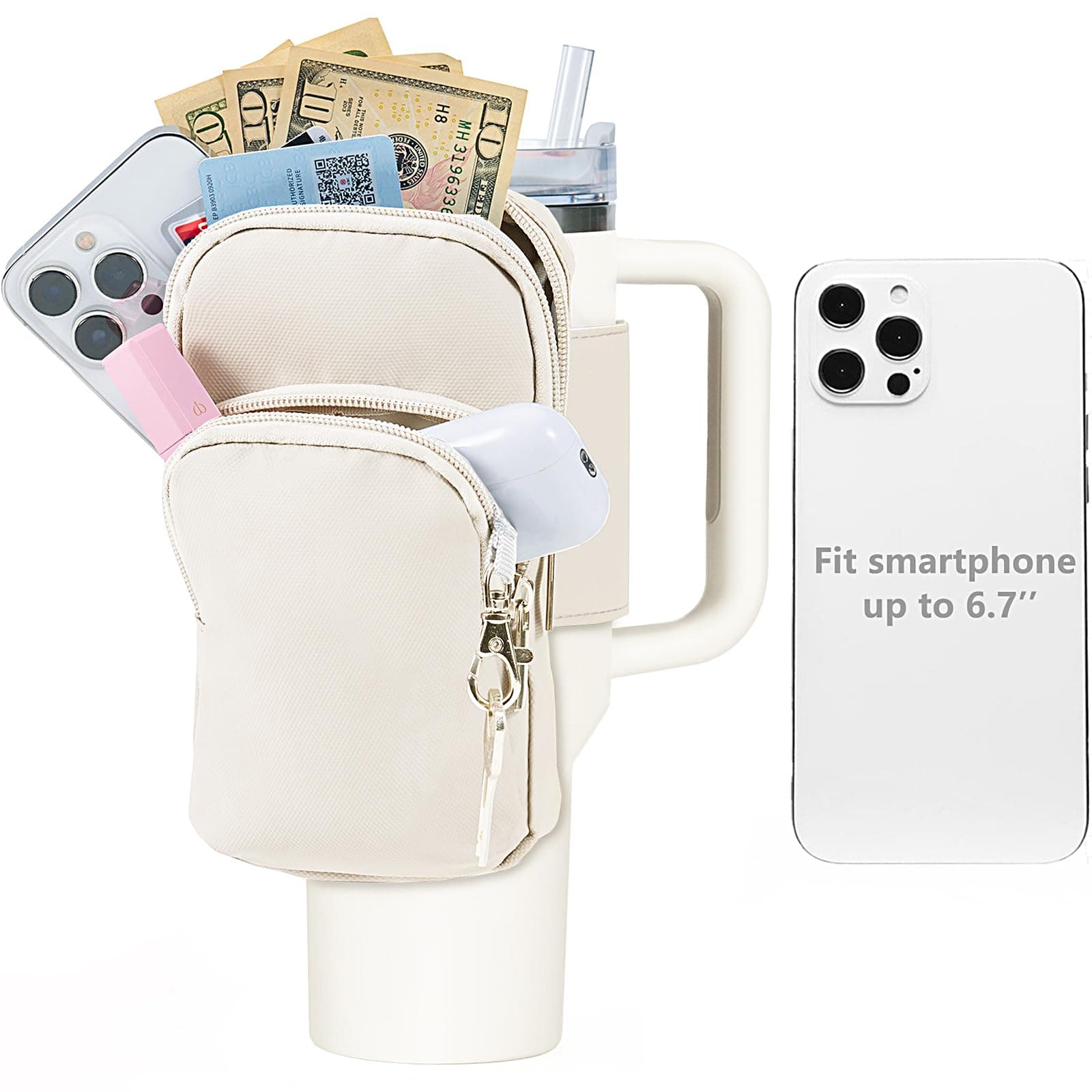 Large Water Bottle Pouch for Stanley Quencher Cup Tumbler, Double Layer Water Resistant Bag for iPhone 14 Pro Max, iPod Air, Credit Cards, Key (Bag Only)