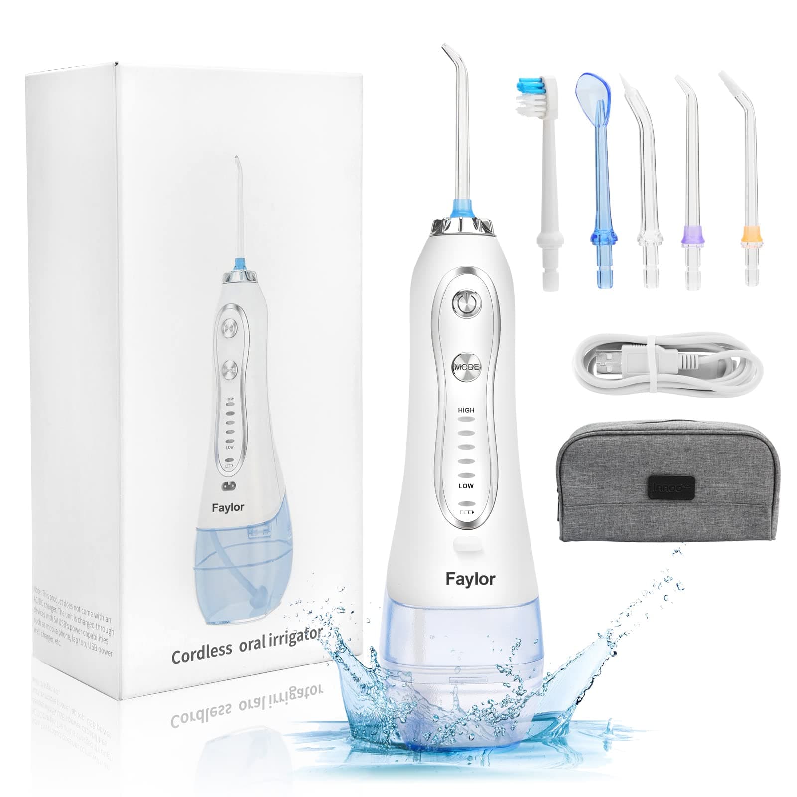 Faylor Water Flosser Cordless for Teeth, Portable 300ml Dental Floss with 5 Cleaning Modes and 6 Jet Nozzles, Waterproof Oral Irrigator With Travel Bag