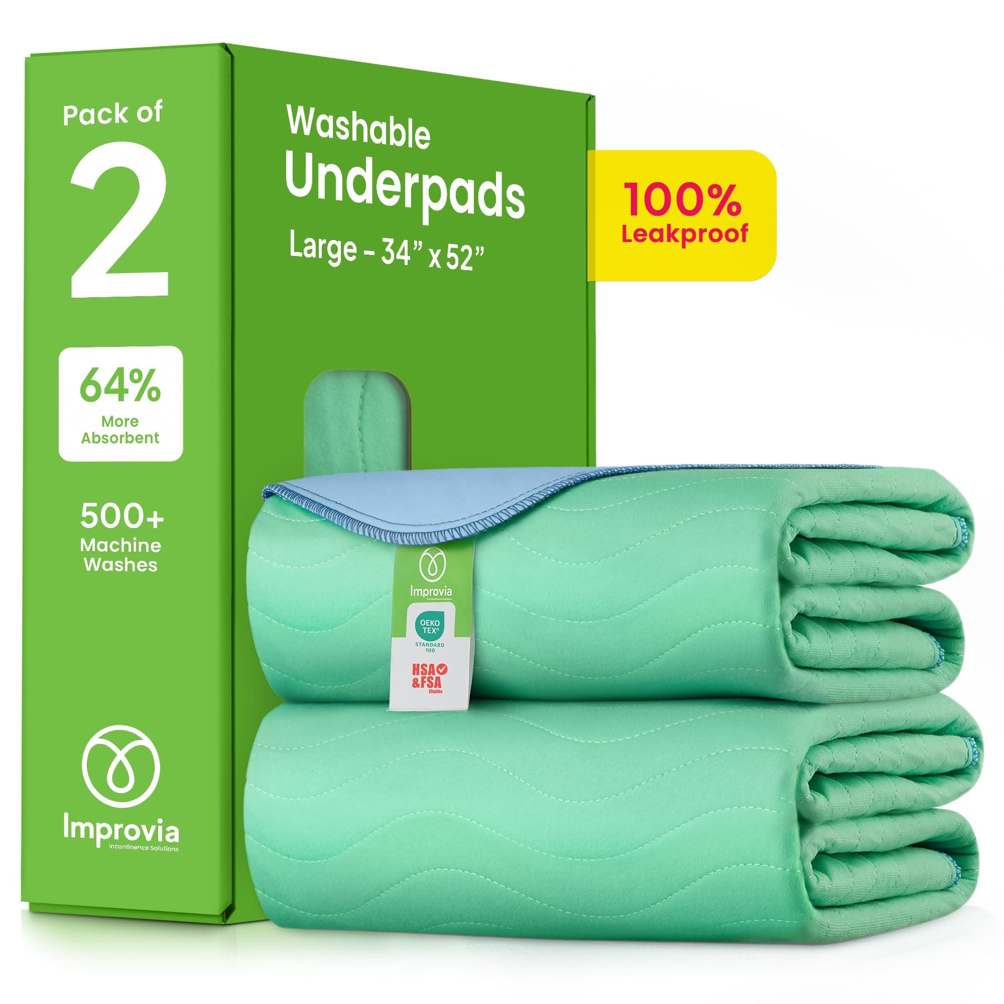 IMPROVIA Washable Underpads, 34" x 52" (Pack of 2) - Heavy Absorbency Reusable Incontinence Pads for Kids, Adults, Elderly, and Pets - Waterproof Protective Pad for Bed, Couch, Sofa, Furniture, Floor