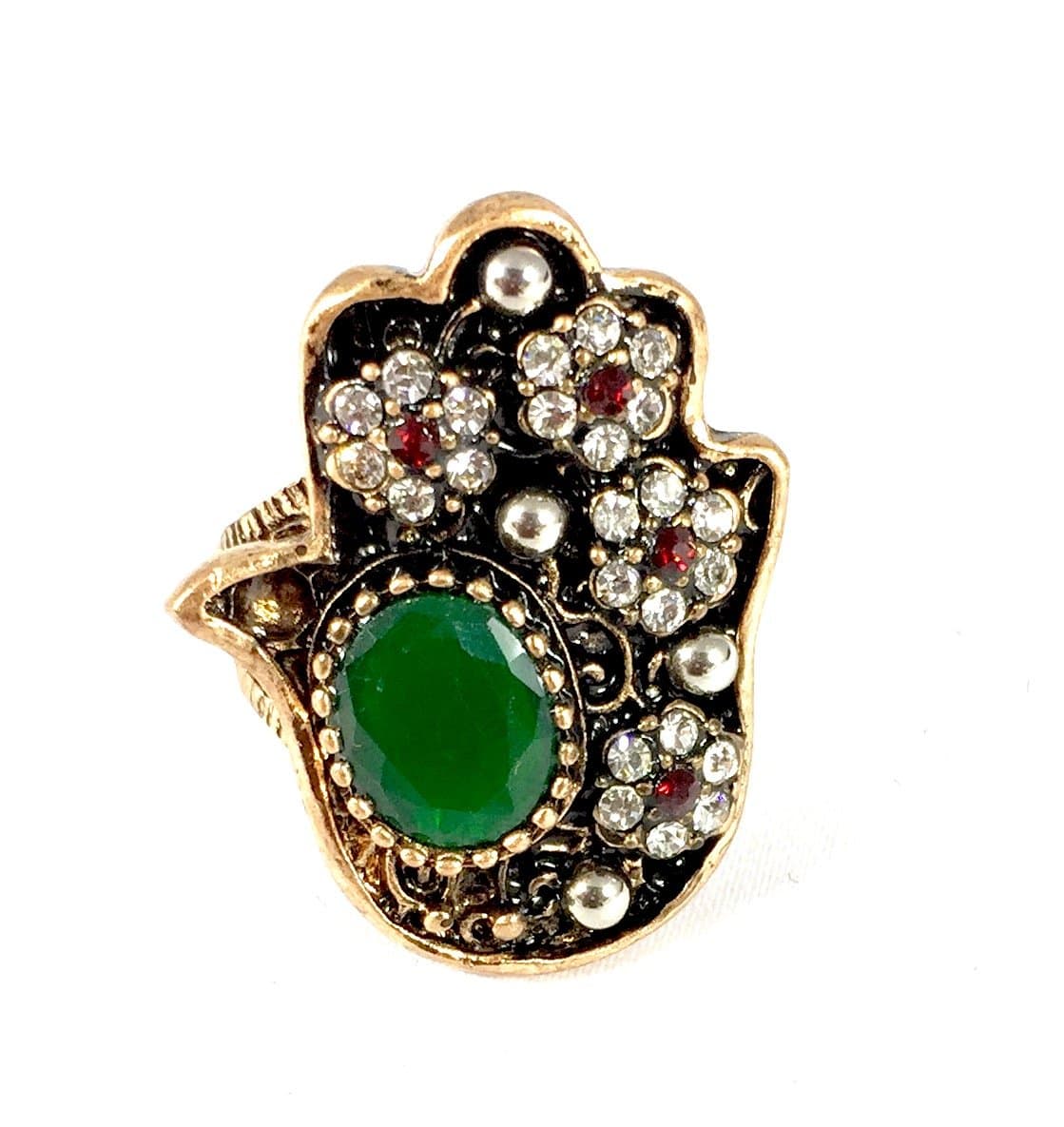Samariya Turkish Vintage Inspired Hamsa Hand Red and Green Stones Stretch Adjustable Ring