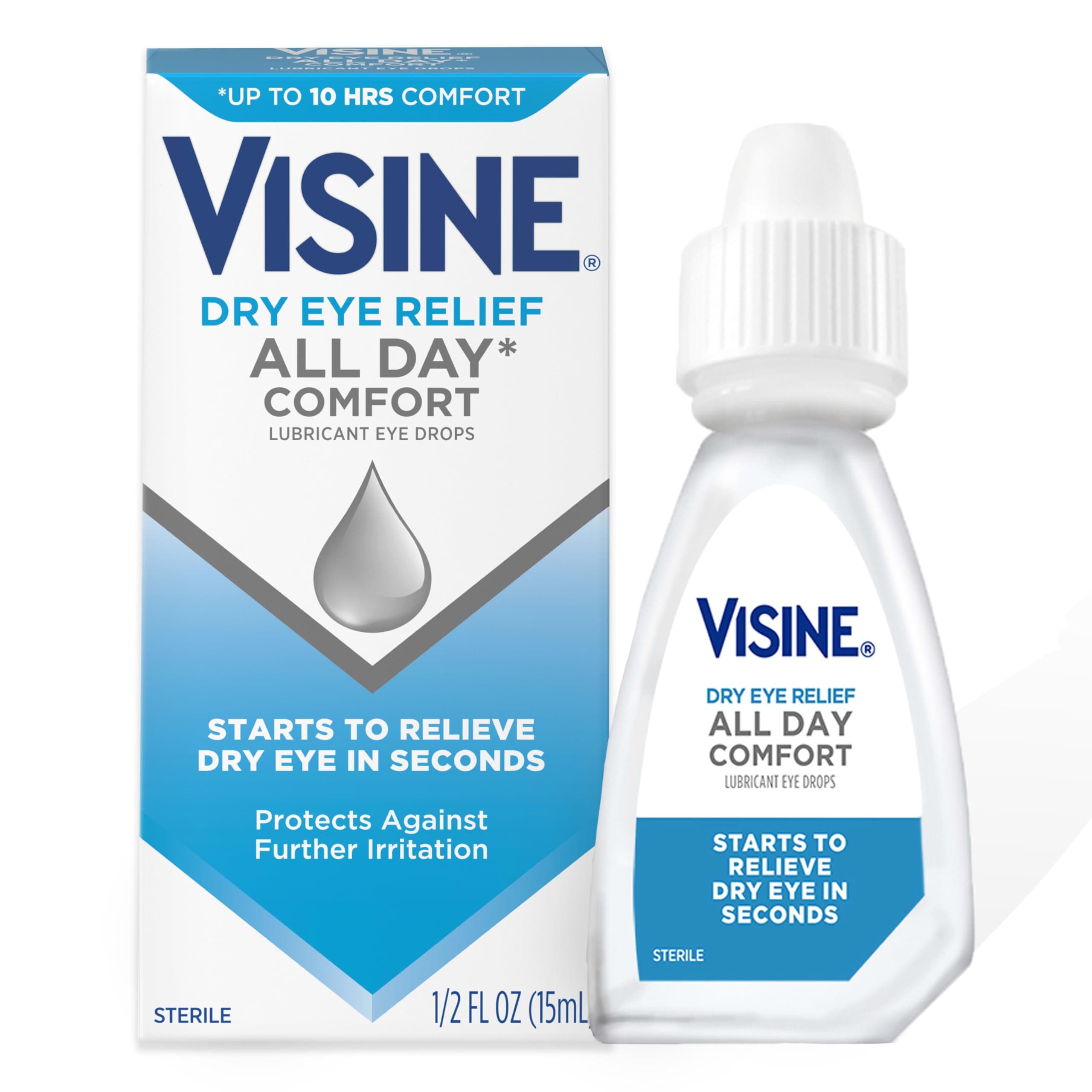 Visine Dry Eye Relief All Day Comfort Lubricant Eye Drops for Up to 10 Hours of Comfort, Dry Eye Drops with Polyethylene Glycol, 0.5 fl. oz