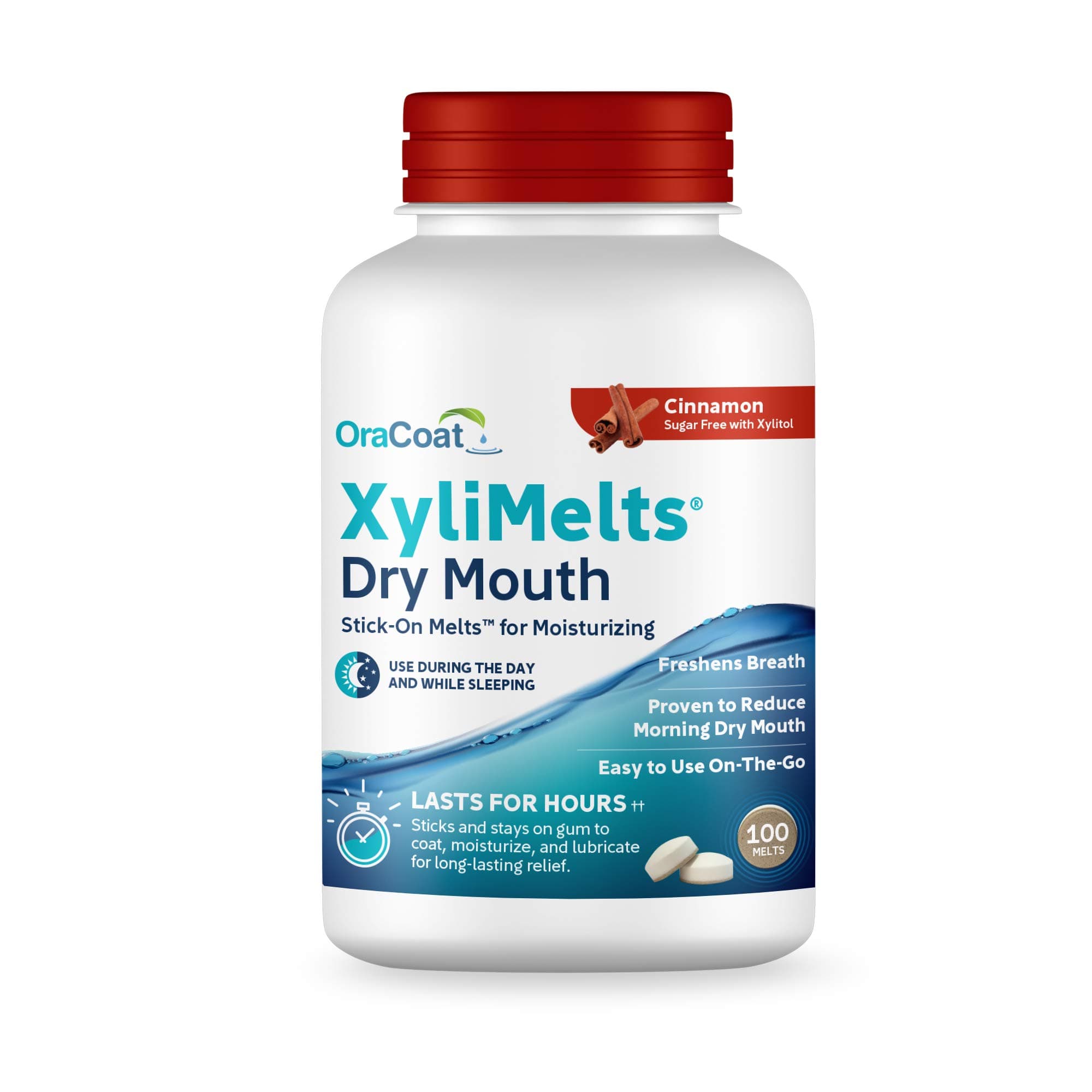 XyliMelts for Dry Mouth Night Time or Day - Moisturizing Dry Mouth Adhering Discs, Sugar Free with Xylitol, 100 Count, Cinnamon, 8-Hour Relief