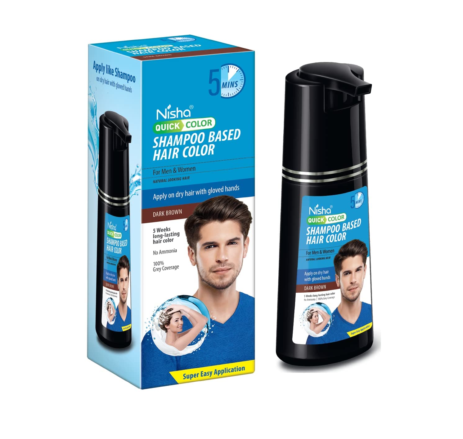 Nisha Quick Color Shampoo Hair Color, Ammonia Free, 100% Grey Coverage, Long Lasting Colour Up to 5 Weeks, Easy, Mess-Free Use for Men & Women, Dark Brown (180ml)