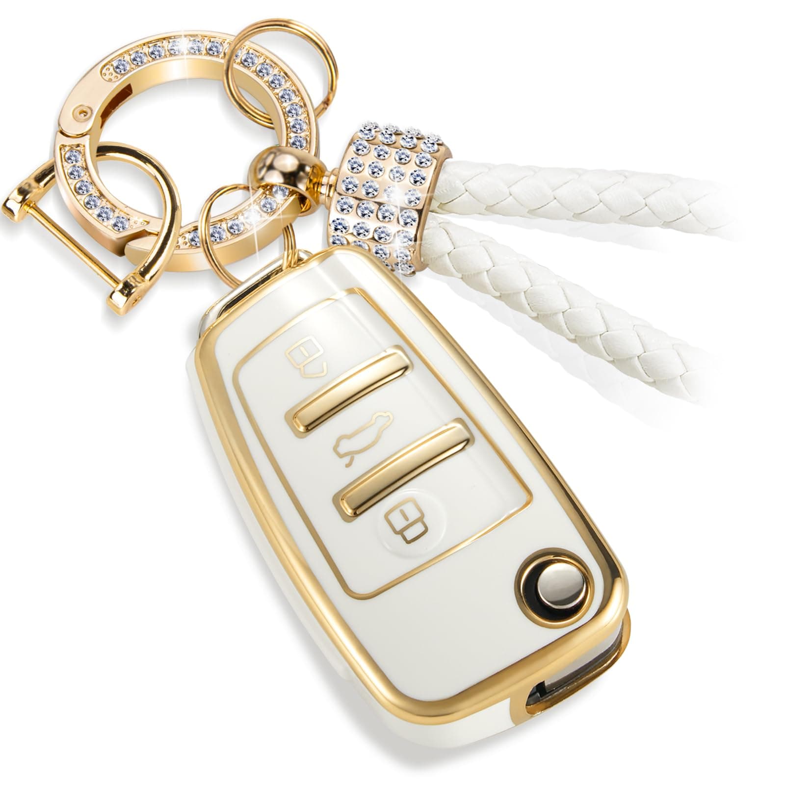 for Audi Key Fob Cover with Luxury Diamond Bling Braided Rope Keychain, Upgraded Soft Key Case for A1 A3 A4 A5 A6 Q3 Q5 Q7 TT S3 R8 Key Fob Shell (Gold Edge Bling, C)