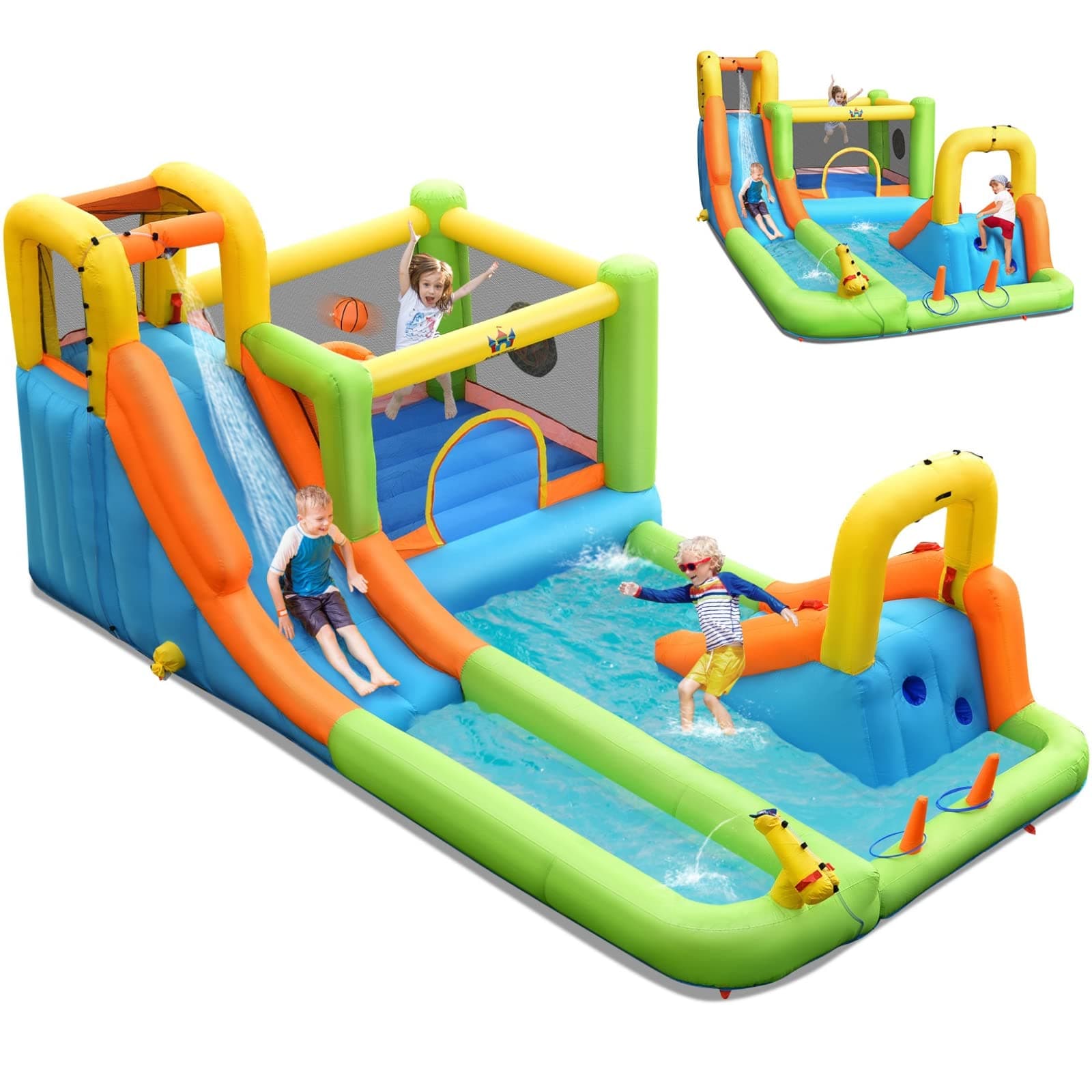 BOUNTECH Inflatable Water Slide, 8-in-1 Dual Slides Kids Water Park Jump Castle, Water Slides Inflatables for Outdoor with Splash Pool, Water Slide Bounce House for Big Kids Backyard Party Gifts
