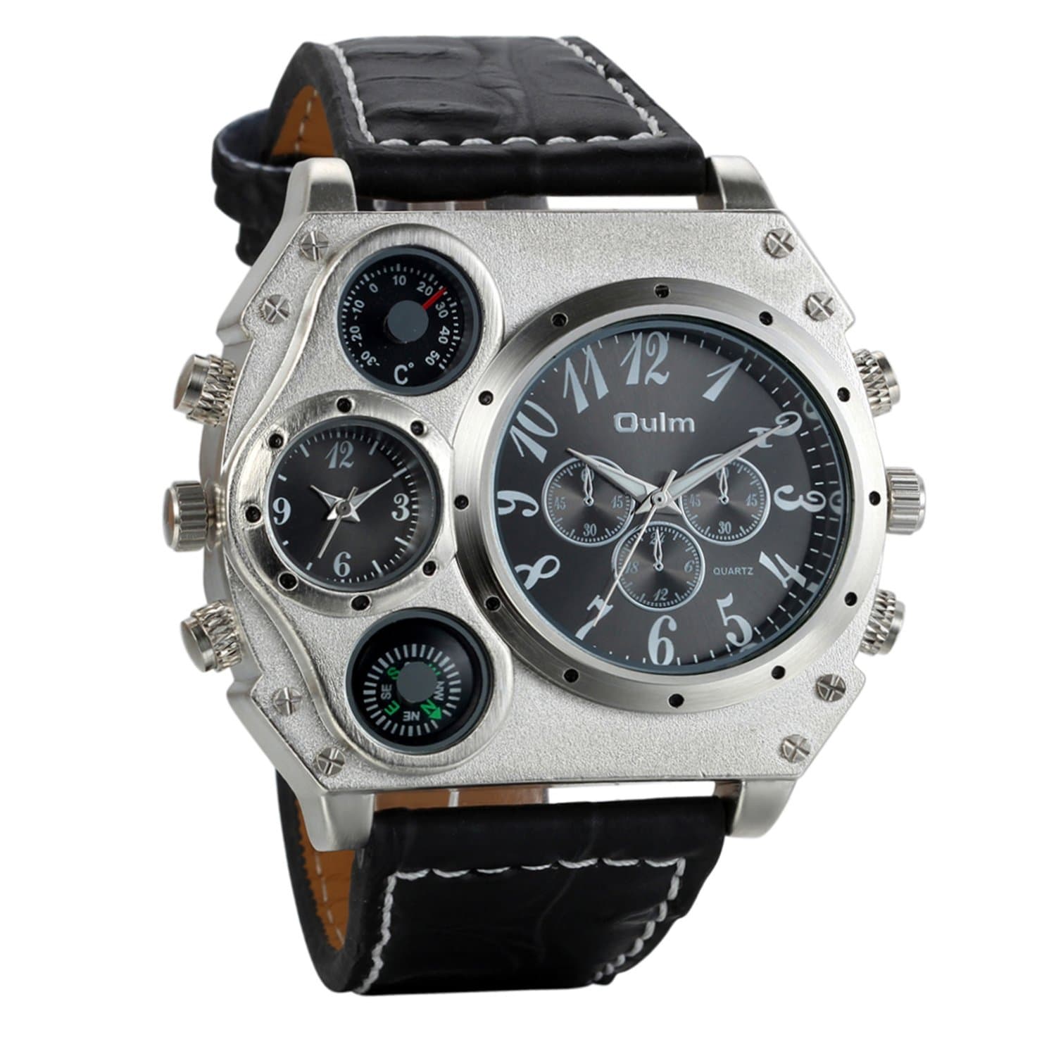 Mens Big Face Watch, Dual Time Zone Leather Strap Sport Watch, Analog Quartz Wrist Watch with Decorative Compass Thermometer Dial