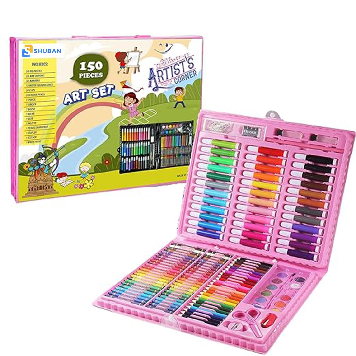 Shuban Plastic Deluxe Art Set Box & Drawing Kit with Crayons, Oil Pastels, Colored Pencil Best Rakhi Gift (150Pcs -Pink)