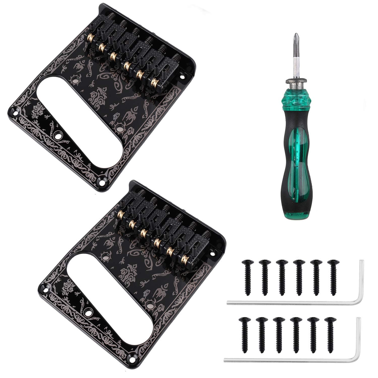 2PCS Black 6 String Carved Roller Saddle Bridge Plate for Telecaster Electric Guitar & 1 pcs Screwdriver