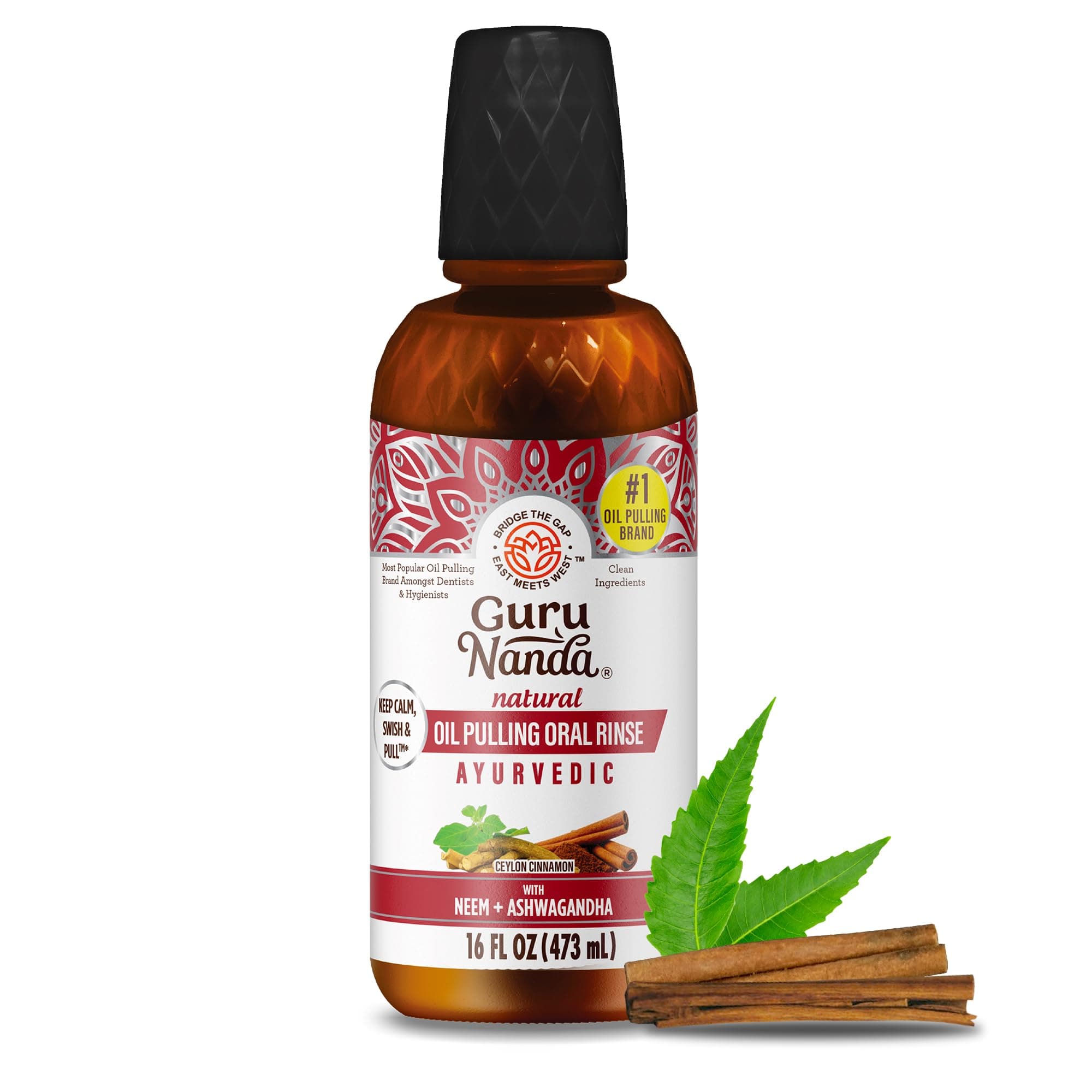 Cinnamon Oil Pulling Mouthwash, Promotes Calmness, with Neem & Ashwagandha for Fresh Breath & Happy Gums, Alcohol-Free, with Toothbrush & Tongue Scraper, 473 ml