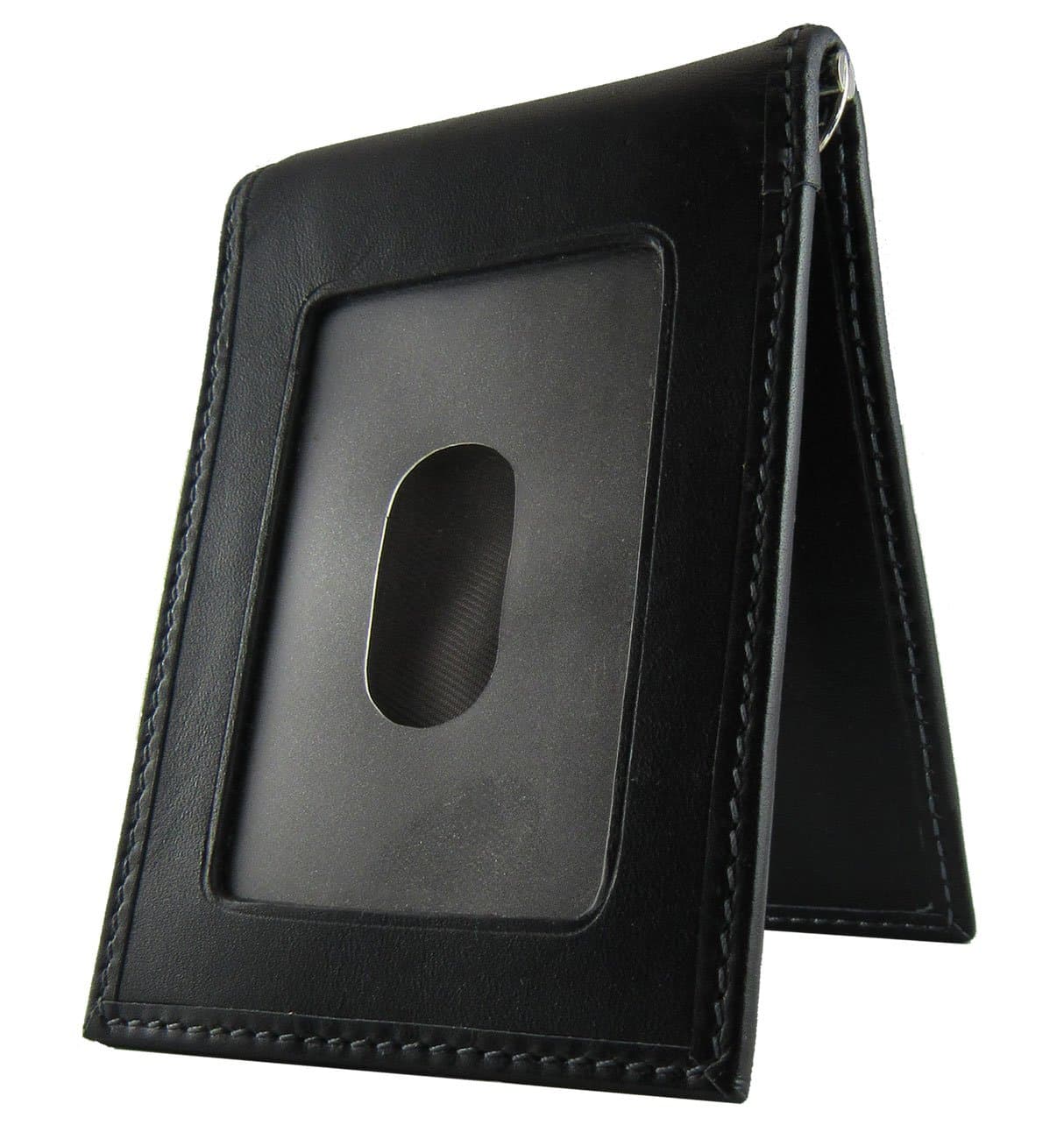 Mens slim wallet with money clip, bi-fold design, ID window & exterior pocket