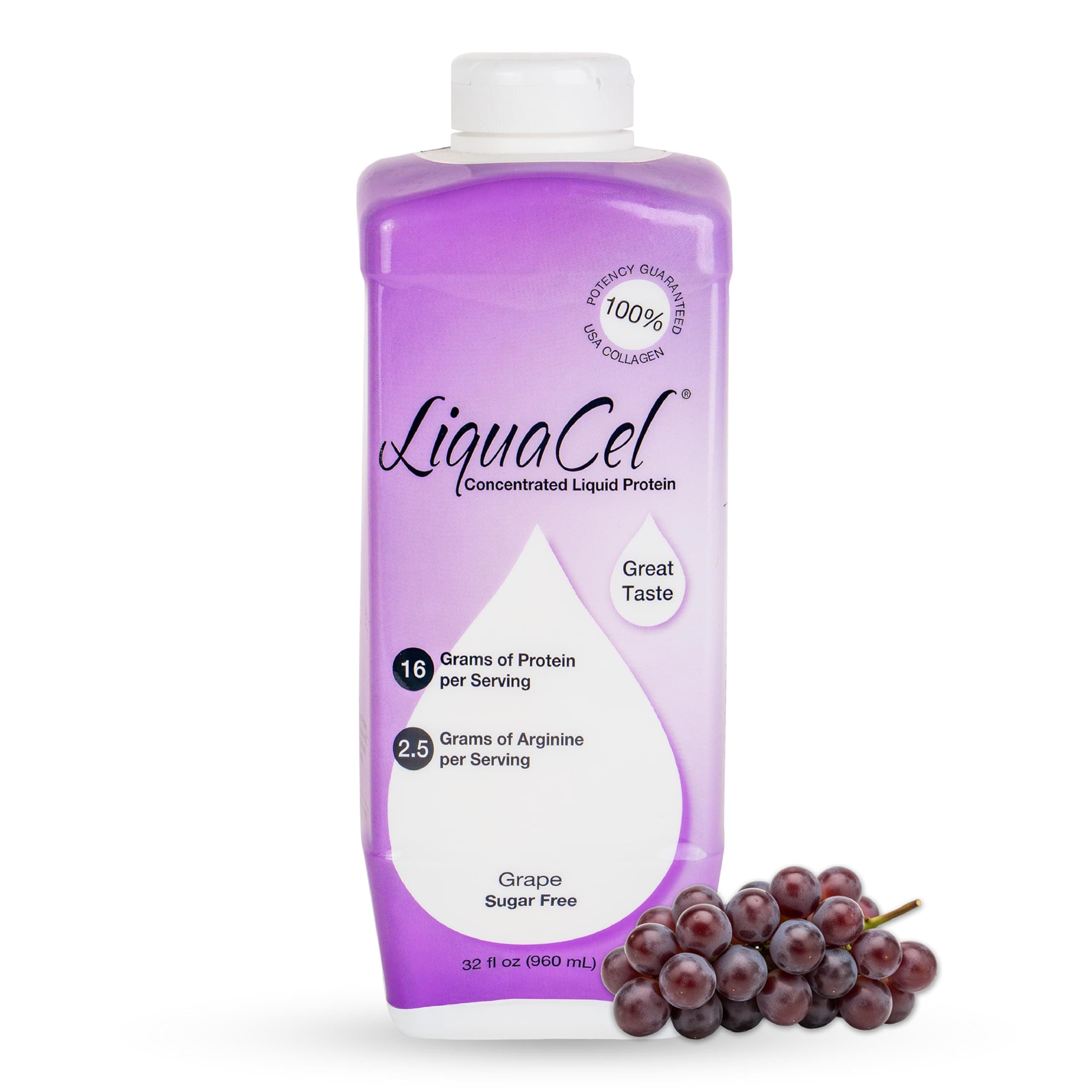 LiquaCel Concentrated Liquid Protein, Grape Flavor, Ready-to-Drink, 16g Hydrolyzed Collagen Protein and 2.5g Arginine Per 1oz Serving, Sugar & Gluten Free, 32 fl oz Bottle