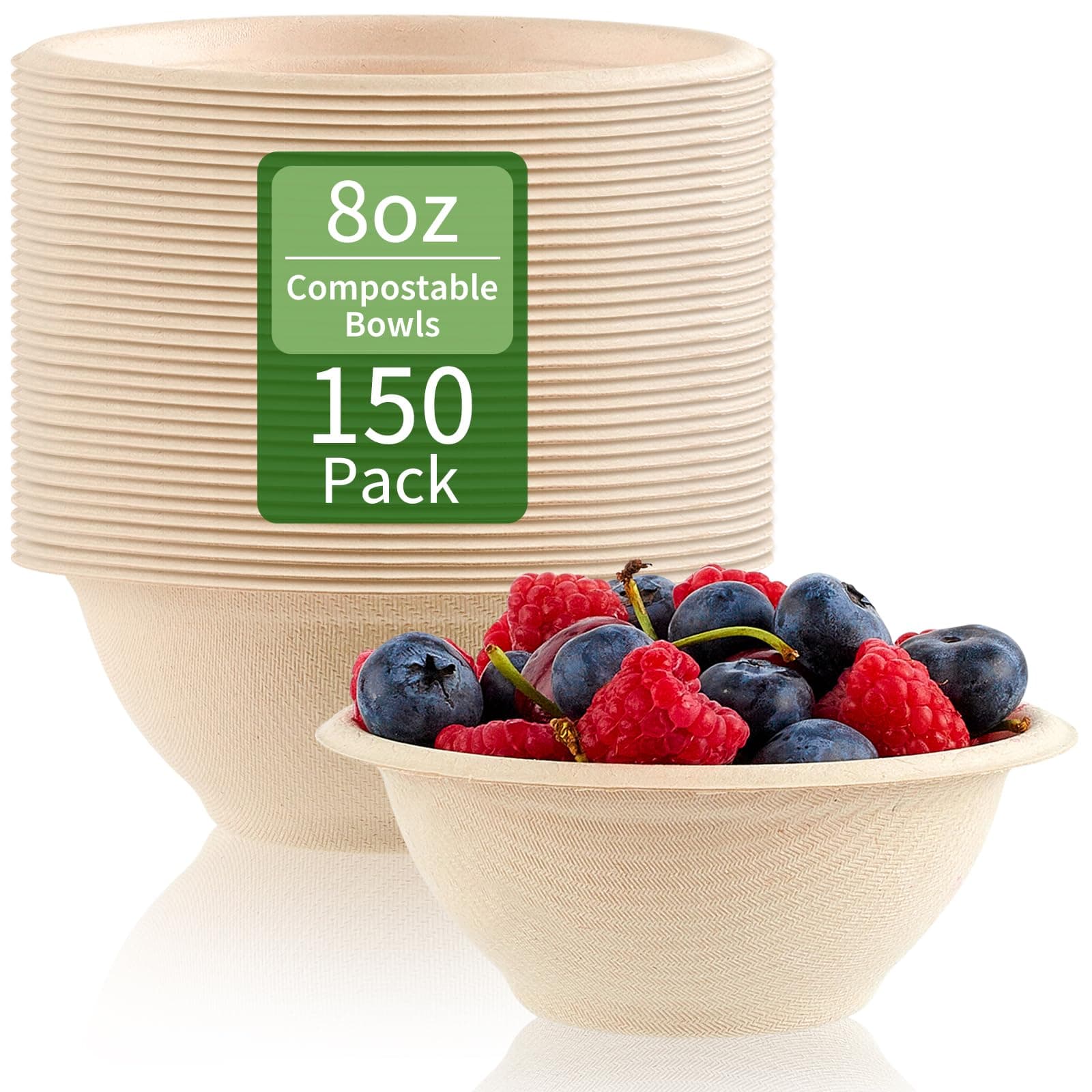 - 150 Pack 8 oz Compostable Paper Bowls Small Disposable Soup Bowls Natural Sugarcane Biodegradable Bowls for Ice Cream, Desserts, Salads, Pet Food