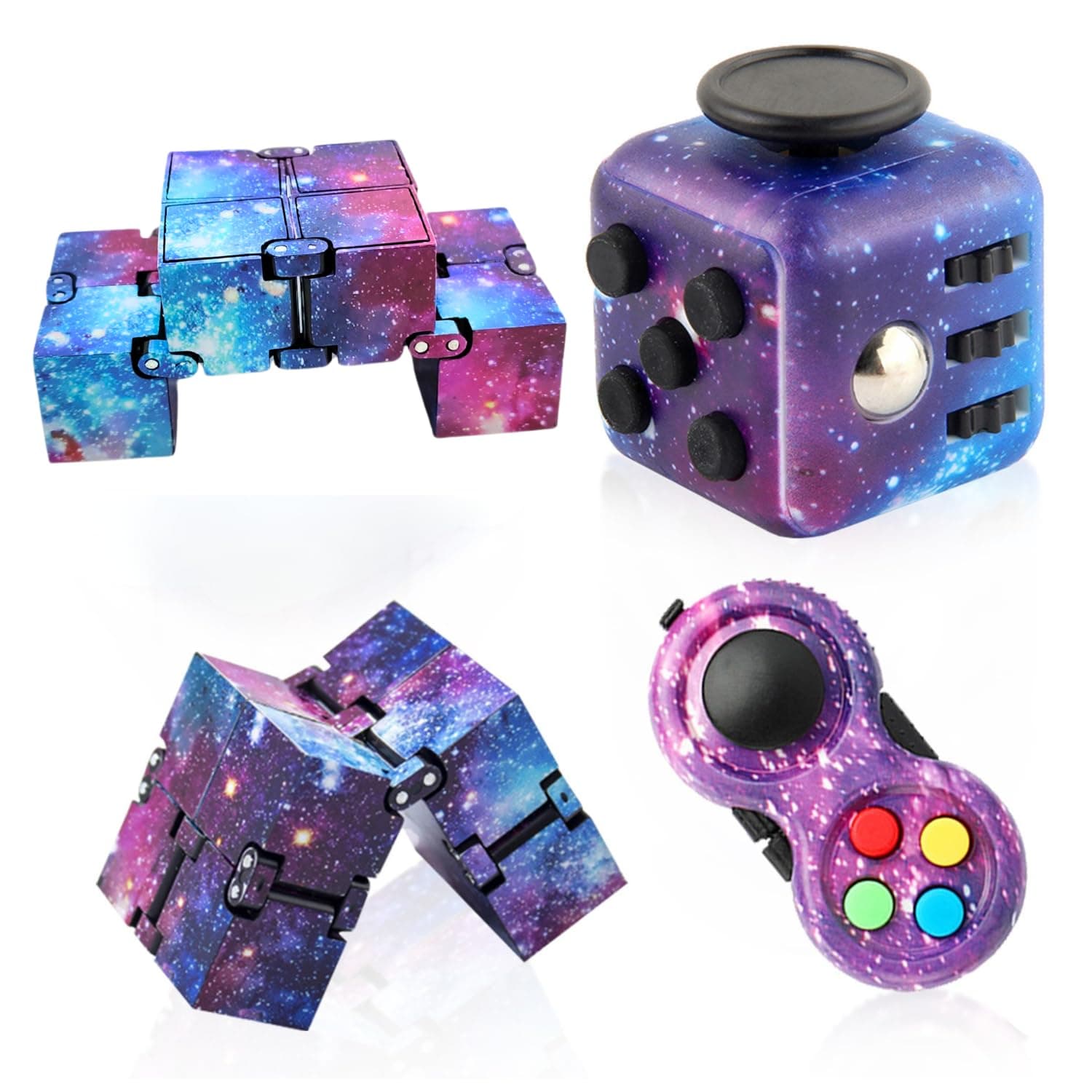 3-Piece Fidget Toys Set - Fidget Pad, Cube, Infinity Cube - Galaxy Color - Stress Relief & Focus Aid for Kids & Adults