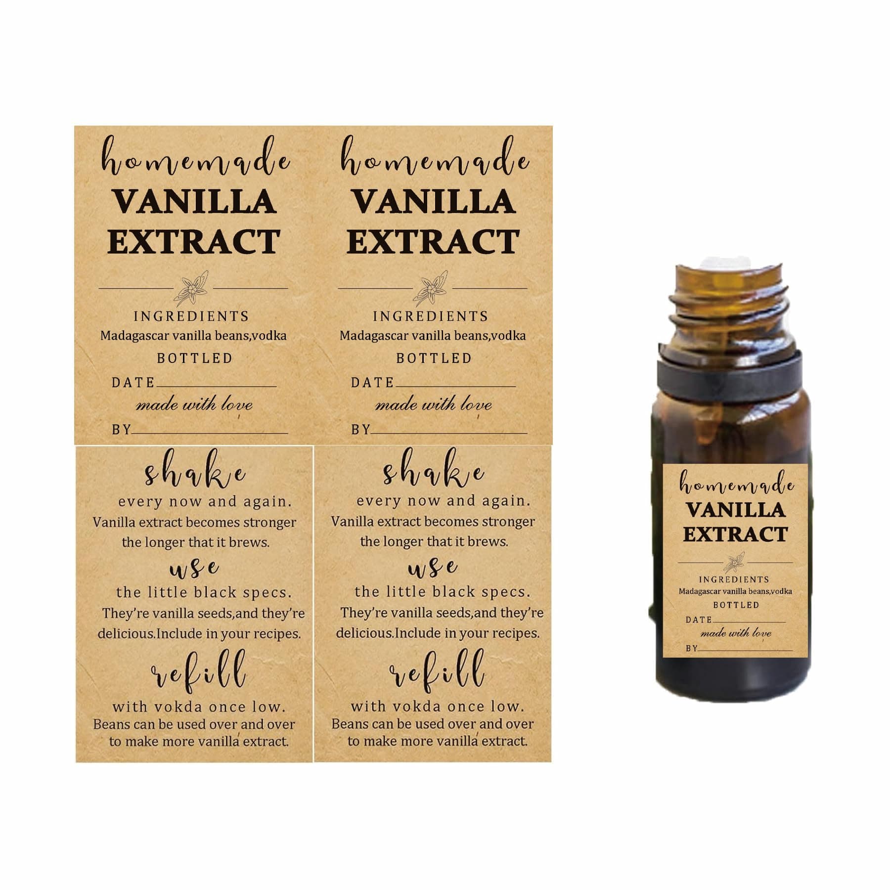 48 Pack Kraft Homemade Vanilla Extract Stickers 1.5×2 inch Square Vanilla Instruction Labels Madagascar Vanilla Beans and Vodka Extract Stickers for Handcrafted Vanilla Bottles,Jar Kitchen Pantry