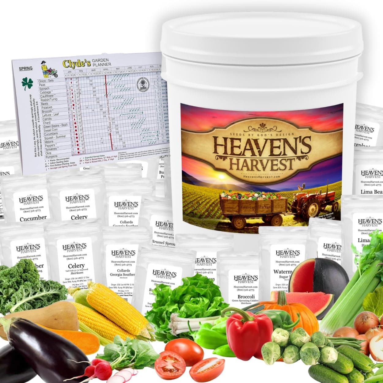 Heaven’s Harvest - 10 Year Survival Or Homestead Garden | 25k+ Heirloom Vegetable Seed Bank Kit | Includes Free Clyde’s Garden Planner & Seed Vault Storage Drum | Non-GMO
