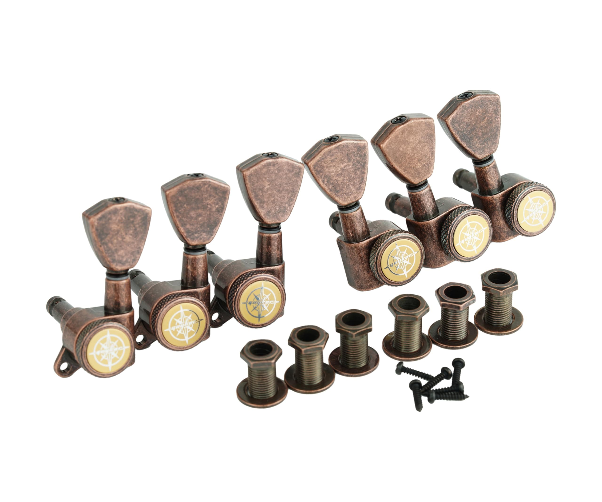 Guitar Locking Tuners (3L + 3R Handed) - 1:18 Models Rear Lock String Tuning Key Pegs Machine Head with Trapezium Button Antique Bronze, GK04SP