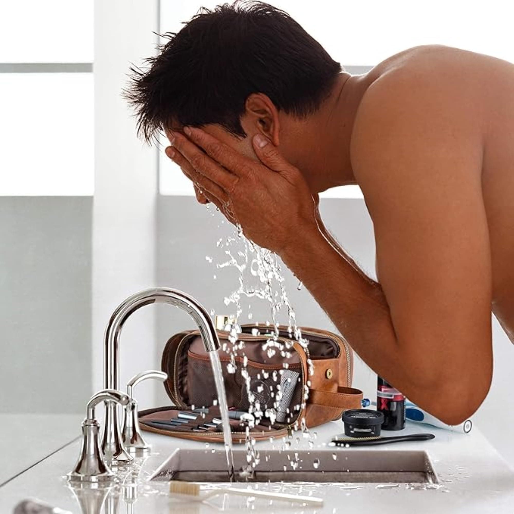 Elviros Travel Toiletry Bag for Men,Large Shaving Dopp Kit Water-resistant Bathroom Toiletries Organizer PU Leather Cosmetic Bags Fathers Day Gift, Brown, Medium (Pack of 1), Large