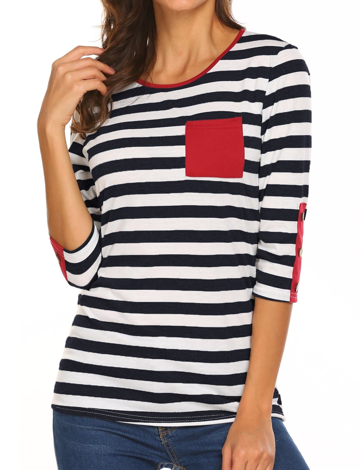 Womens 3/4 Sleeve Striped Shirts Casual Basic Tee Blouses with Pockets Buttons