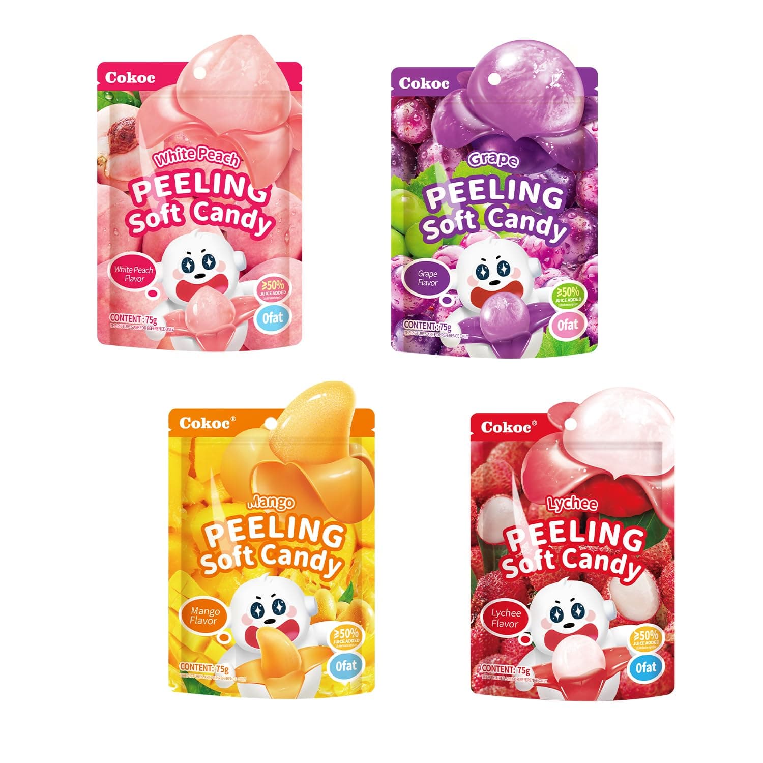COKOC Peelable Gummies Variety Pack – 4 Fruit Flavors(Mango,Grape,Peach,Lychee) Fruit Candy Treats, 10.58oz(300g),Individually Wrapped,Easter Candy Bag
