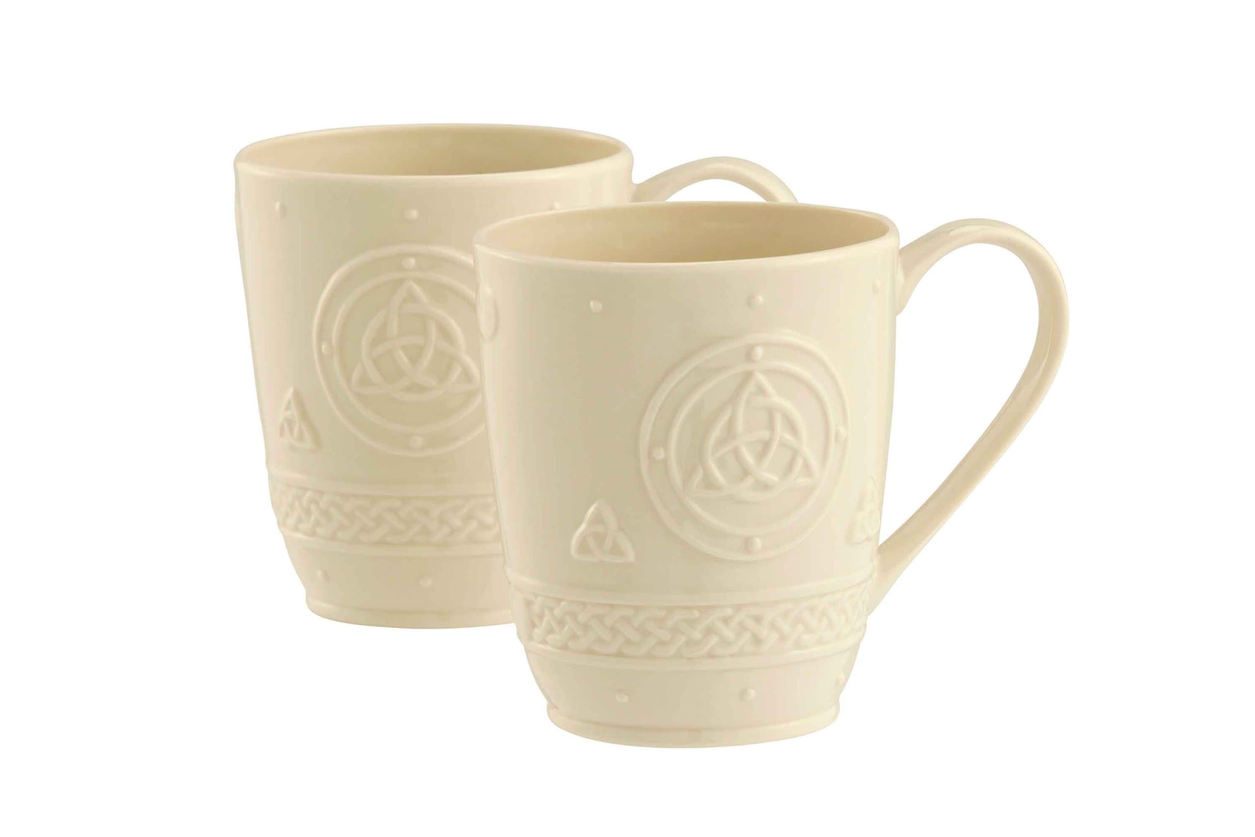 BelleekCeltic Irish Coffee Mugs Set of 2 - Handcrafted Dishwasher Safe Ceramic Cups - Fine Parian China, White, 4.8" W x 4" H, 10oz
