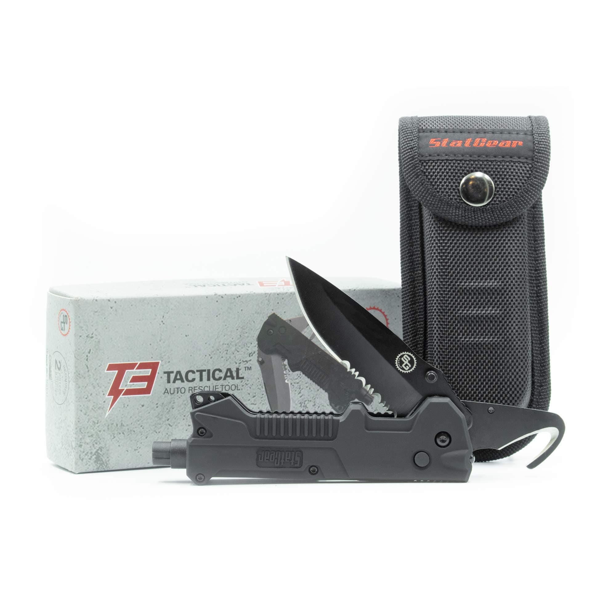 T3 Tactical Auto Rescue Tool - Folding Rescue Knife, Glass Window Breaker, Seatbelt Cutter, Molded Grips, LED Light, Sheath