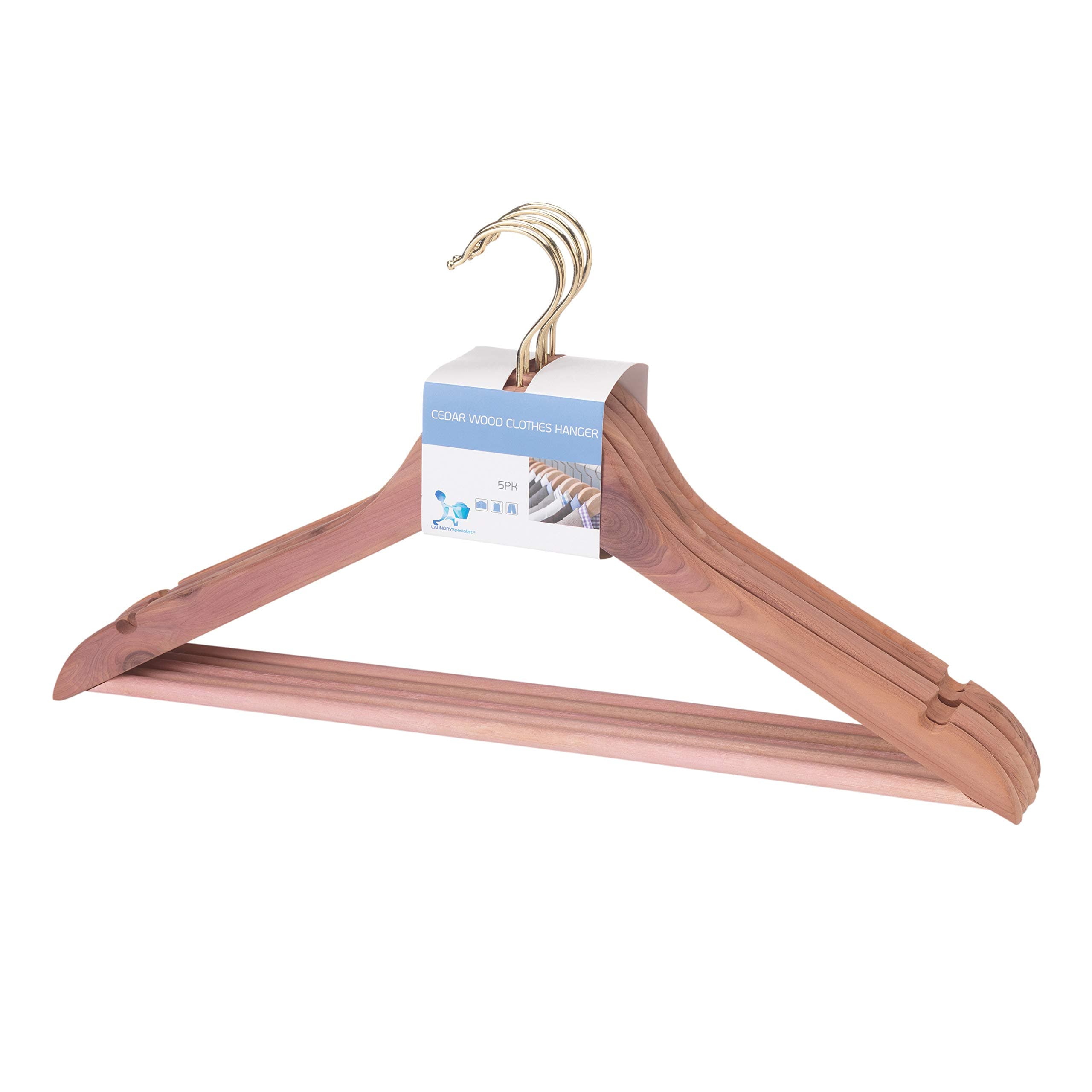 LaundrySpecialist® CEDAR WOOD CLOTHES HANGER set of 5 – Premium quality Cedar Wood clothes hangers to provide natural protection against moths and other insects – Dim. 44.5 x 23 x 1.1 cm
