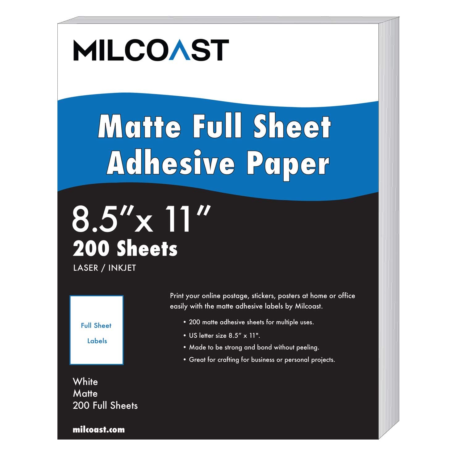 Milcoast Full Sheet 8.5 x 11 inch Matte Adhesive Sticker Paper Labels for Laser/Inkjet Printers (200 Full Sheet)