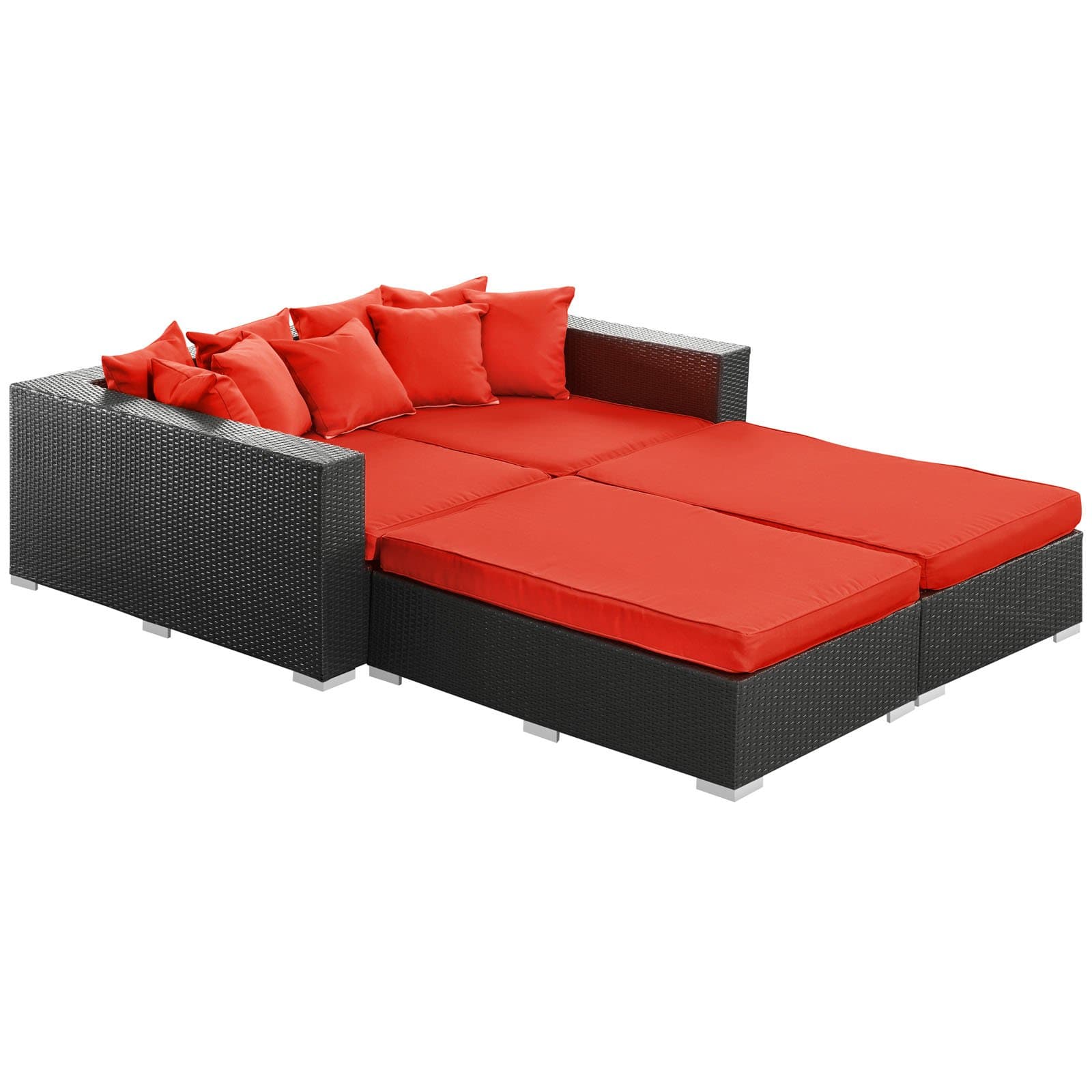 Modway Palisades 4-Piece Outdoor Wicker Patio Espresso Daybed Set with Red Cushions
