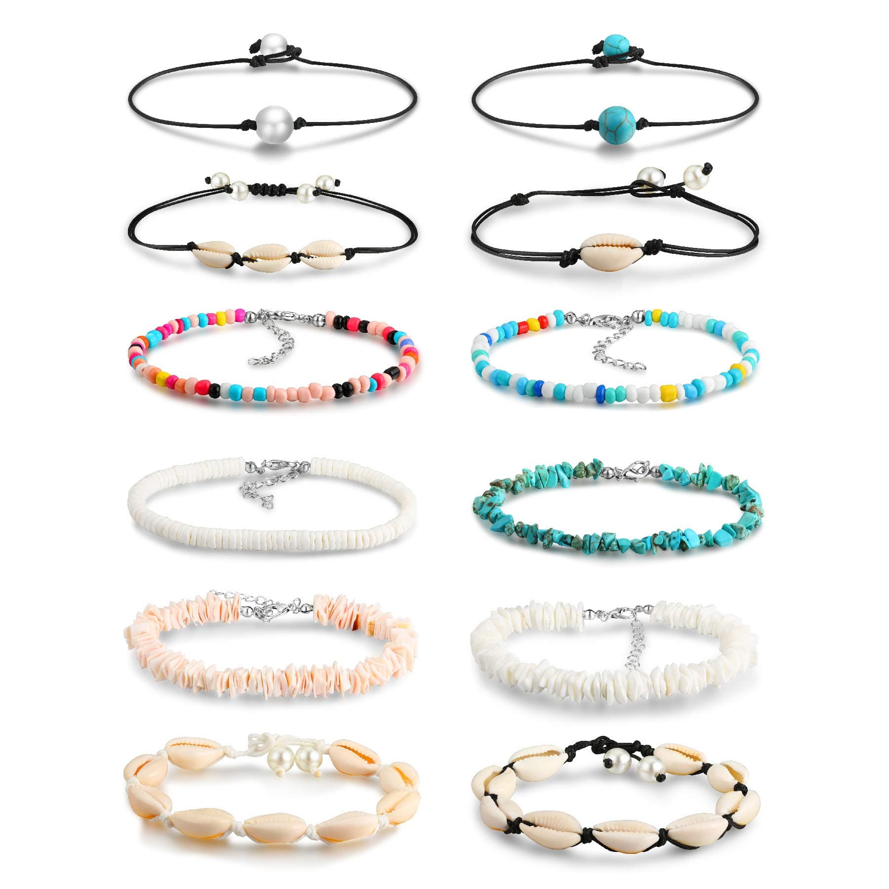 Honsny12 PCS Beaded Anklet Bracelets for Women Adjustable Colorful Gold Anklet Bracelets Handmade Shell Ankle Bracelet Boho Summer Foot Jewelry for Beach