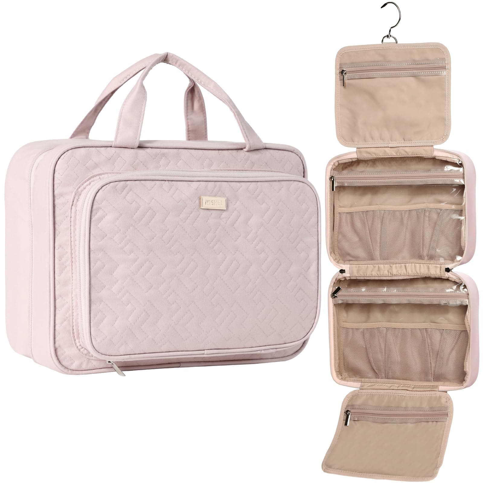 - NISHEL Hanging Travel Toiletry Bag, Visible Makeup Organizer, Cosmetic Case for Journey Accessories, Bathroom Shower, Pink