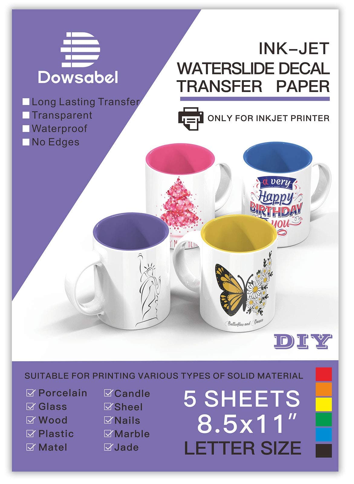 Water Slide Decal Paper for Inkjet Printer, Premium Clear Transparent Printable Waterslide Transfer Paper for Tumblers, Mugs, Glasses DIY, 8.5 x 11 inches, 5 Sheets