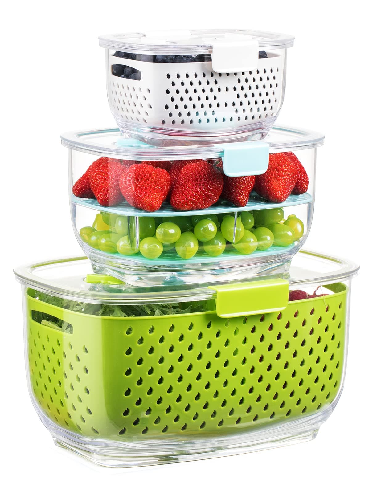 Fresh Produce Vegetable Fruit Storage Containers 3Piece Set, BPA-free Fridge Storage Container, Partitioned Salad Container, Fridge Organizers, Used in Storing Fruits Vegetables, Green