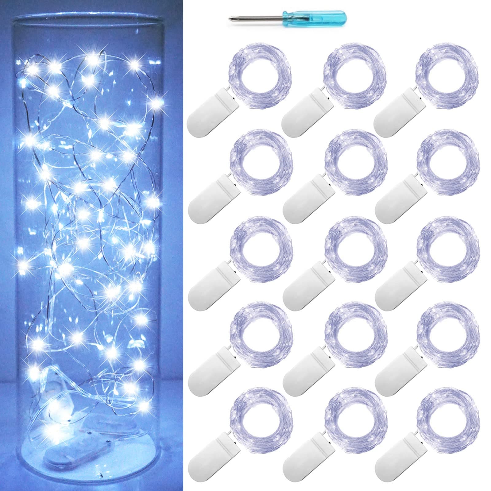 SmilingTown Fairy Lights Battery Operated Starry Firefly Silvery Wire String Lights 15 Pack 7.2ft 20 LED Jar Table Centerpiece for Wedding Christmas Halloween Party Decoration (Cool White)