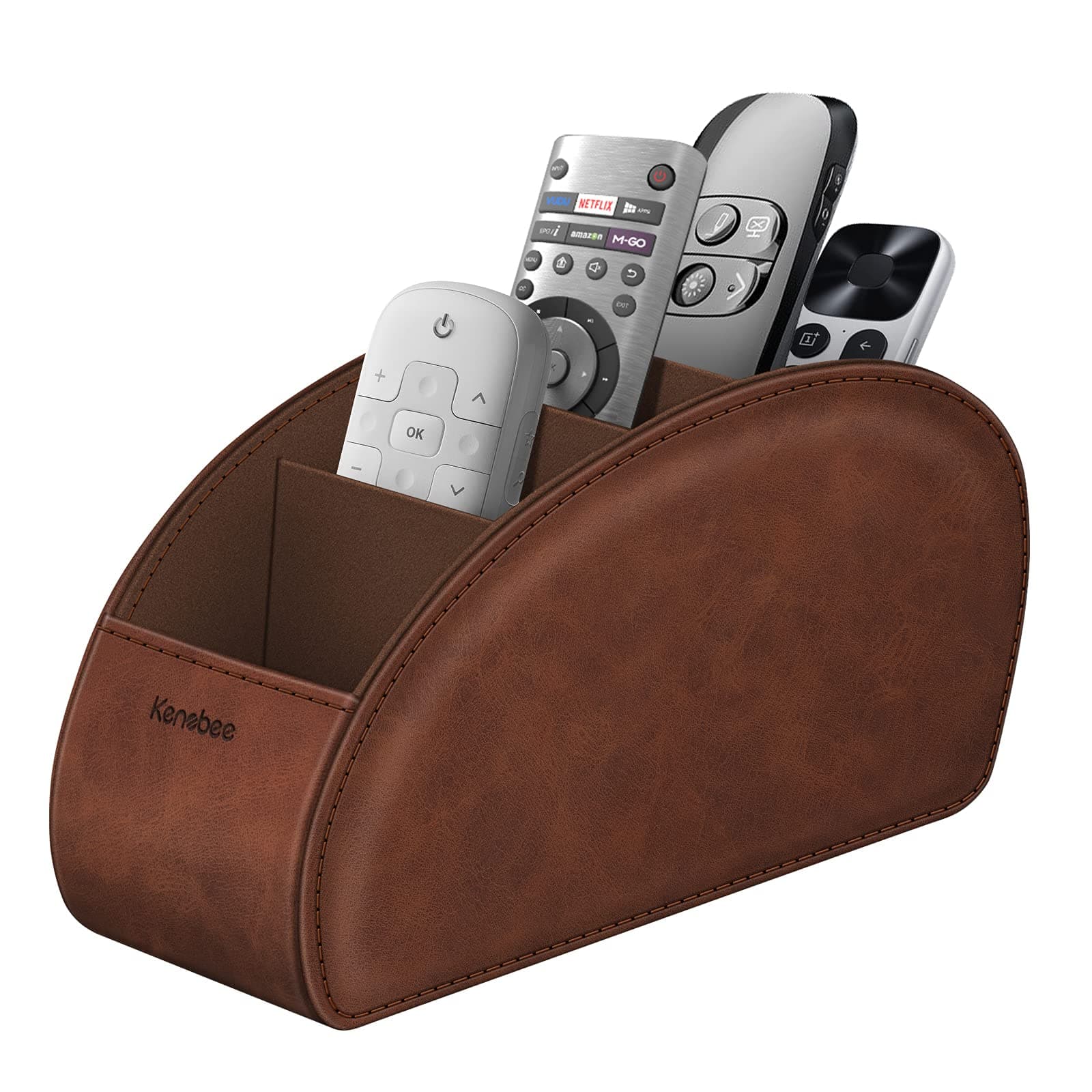 Remote Control Holder with 5 Compartments, KENOBEE Anti-slip Desktop Caddy Storage Organizer for Remote Controllers, Office Supplies, Makeup Brush, Media Accessories, Brown