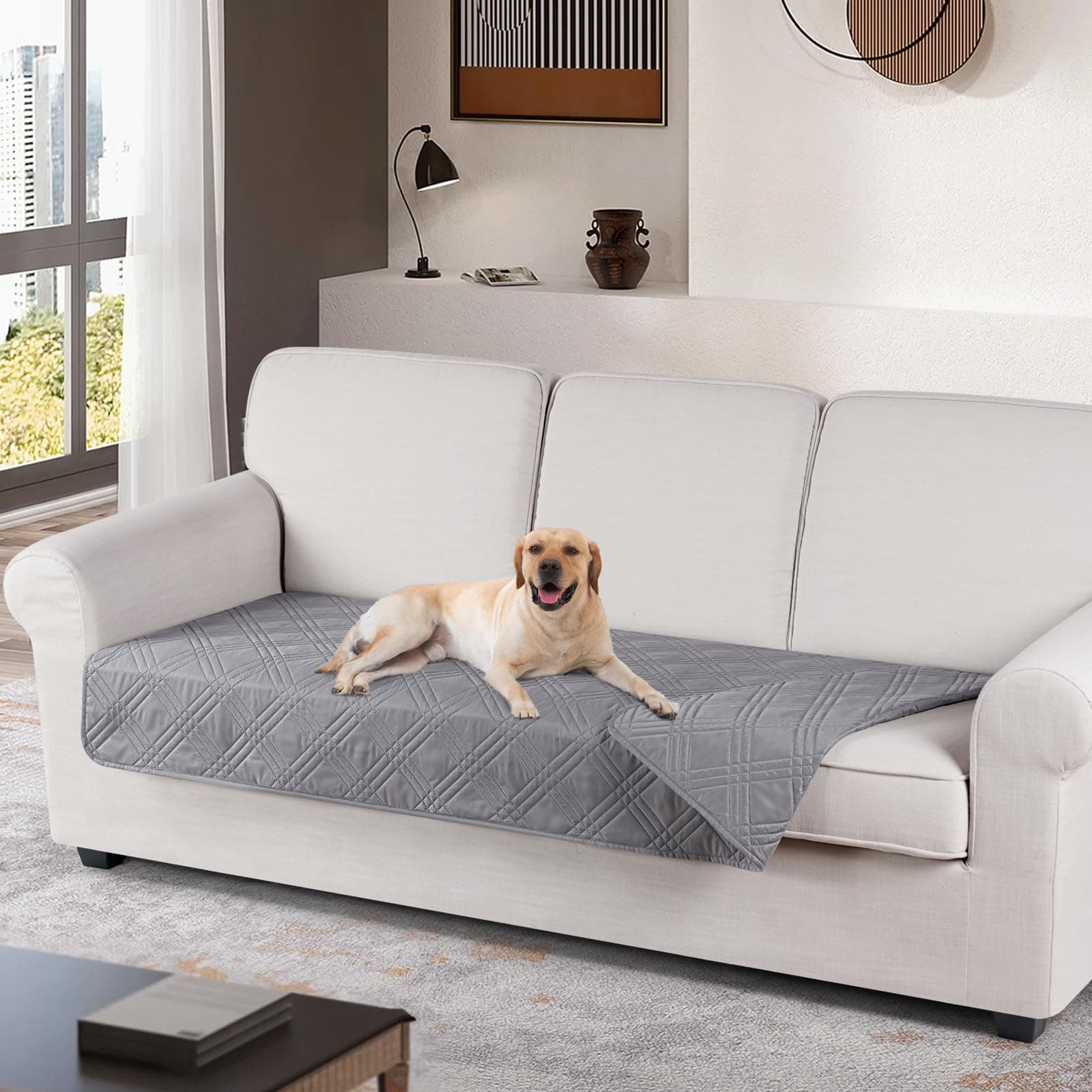 TAOCOCO 100% Waterproof Reversible Couch Cushion Cover for Dogs & Pets - Chaise & Sectional Sofa U Shape Couch Furniture Protector - Light Gray