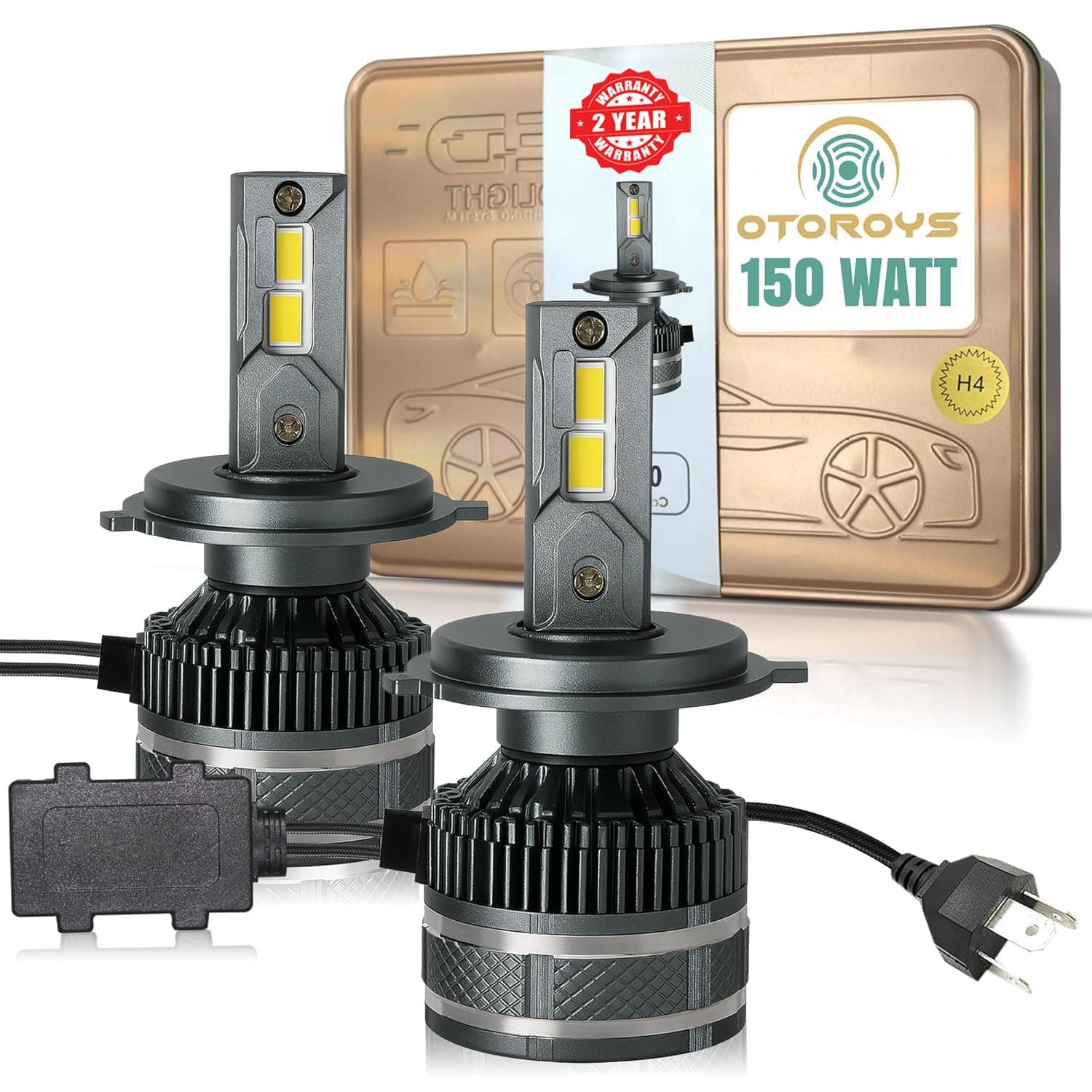 H4 LED Headlight Bulbs, 150W,15000 Lumens, Super Bright, 6500K, Auto Conversion Kit for Car, Set of 2,(2 Years Warranty)