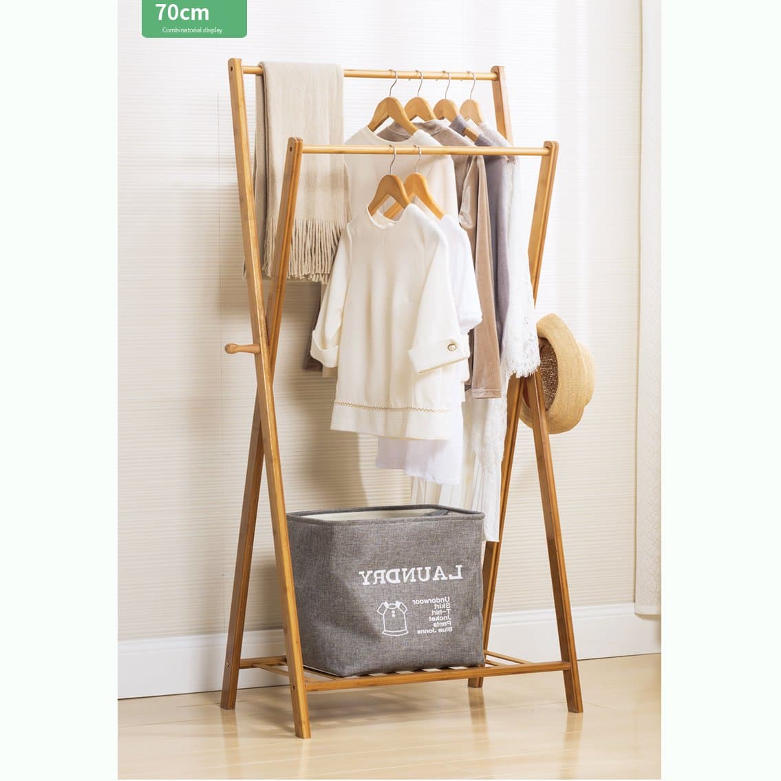 Waterproof wood coat racks,garment rack multipurpose bamboo coat and shoe rack hat bag rack bedroom simple floor standing coat rack storage living office cloakroom assemble-B L70cmxW43cmxH155cm