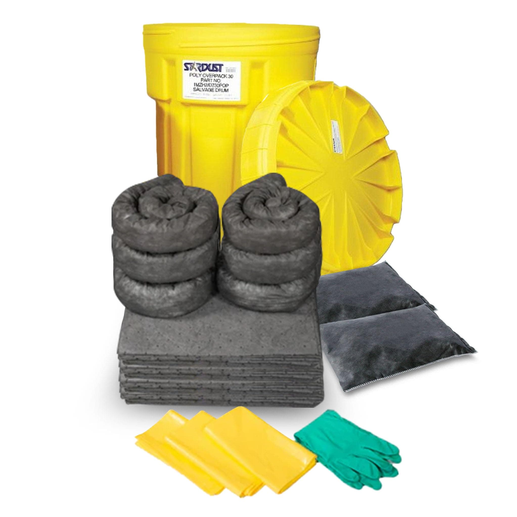 Stardust Spill Products 920U 20 Gal Universal Spill Kit with 20 Gal. Yellow Drum, (20) Universal Sorbent Pads, (6) Sorbent Socks 3"x4', (2) Sorbent Pillows 9x15, Nitrile Gloves, (3) Disposal Bags