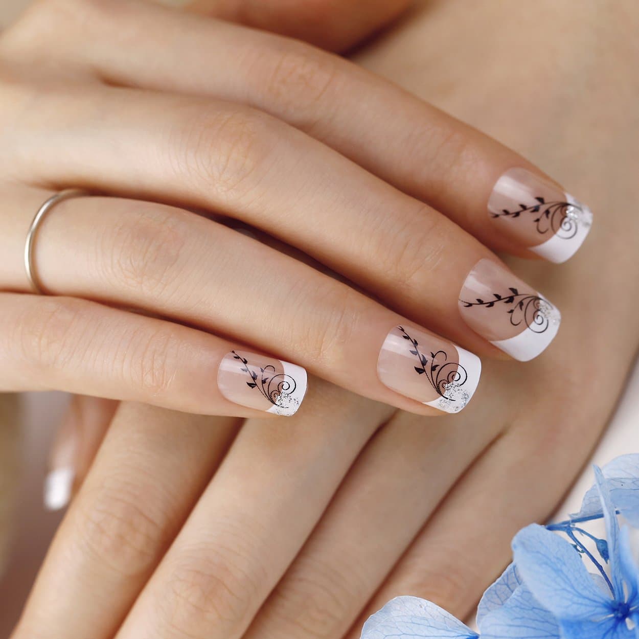 ArtPlus 24pcs Ivy Elegant Touch French Manicure False Nails with Glue Full Cover Medium Length Fake Nails Art