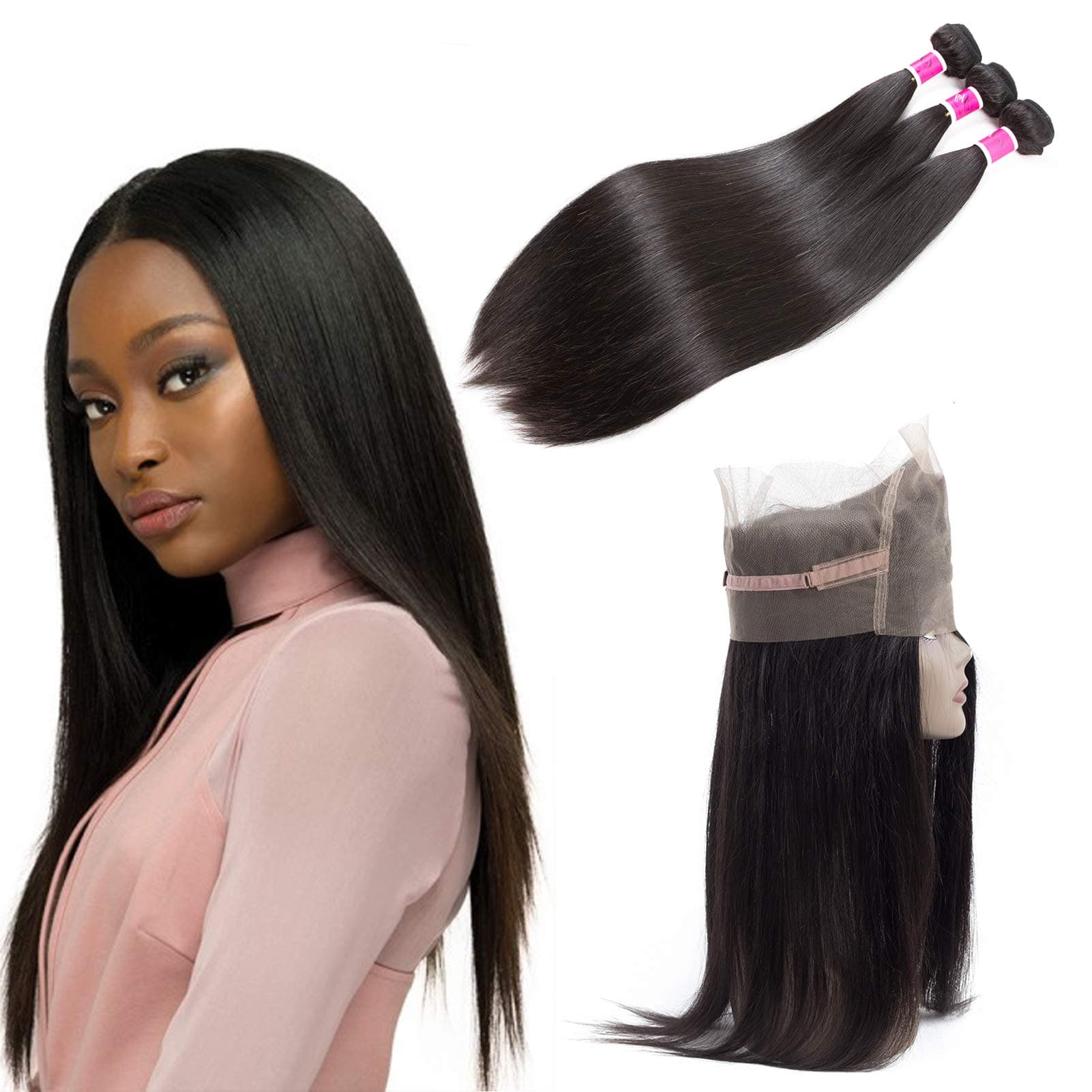 SKYDO 360 Lace Frontal Closure With Bundles Straight Unprocessed Brazilian Straight Hair 3 Bundles with 360 Lace Closure Human Hair Weave Bundles Natural Black (16 18 20 + 14)
