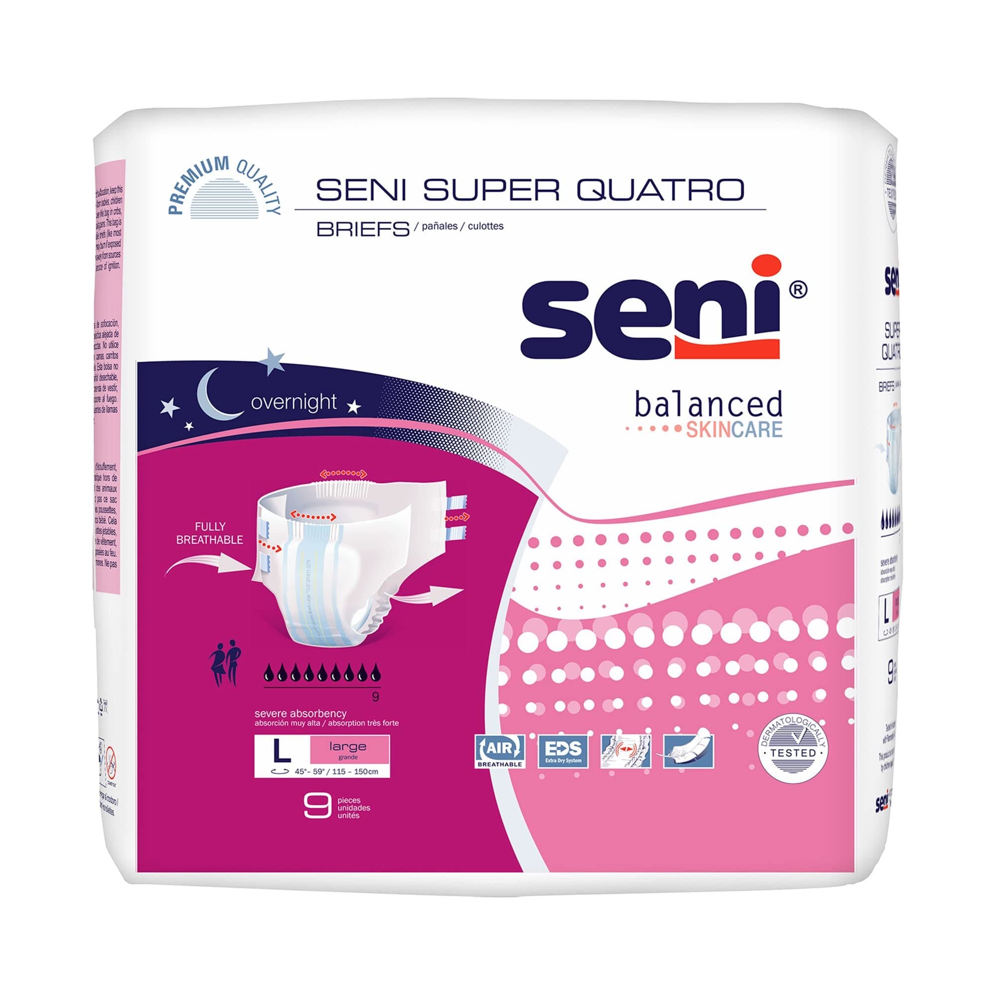 Super Quatro Unisex Adult Incontinence Briefs with Tabs, Size Large (45"-59"), 36 Count (4 Packs of 9), Severe Absorbency, Disposable Overnight Briefs for Men & Women