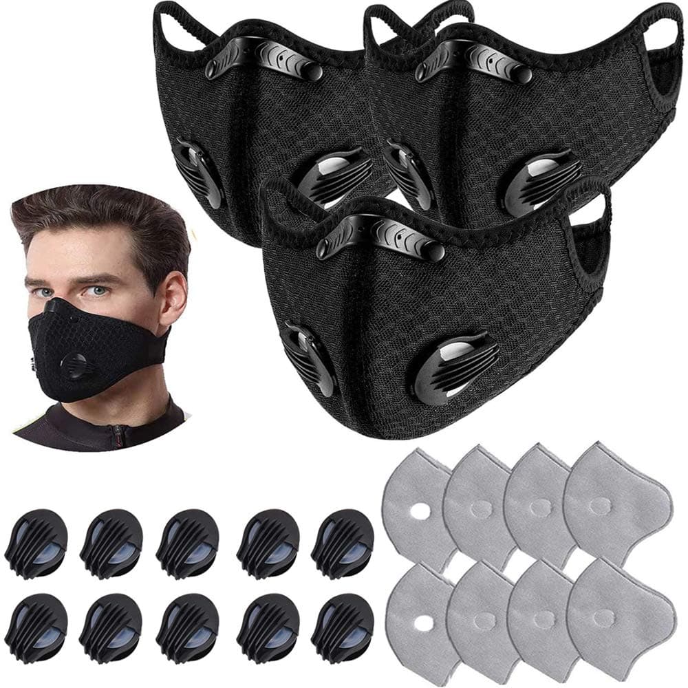 3 Pcs Unisex Protect Mouth Cover Adjustable Reusable with 8 Filters 10 exhaust valves,for Allergies Woodworking Running Sanding Mowing(Black) …