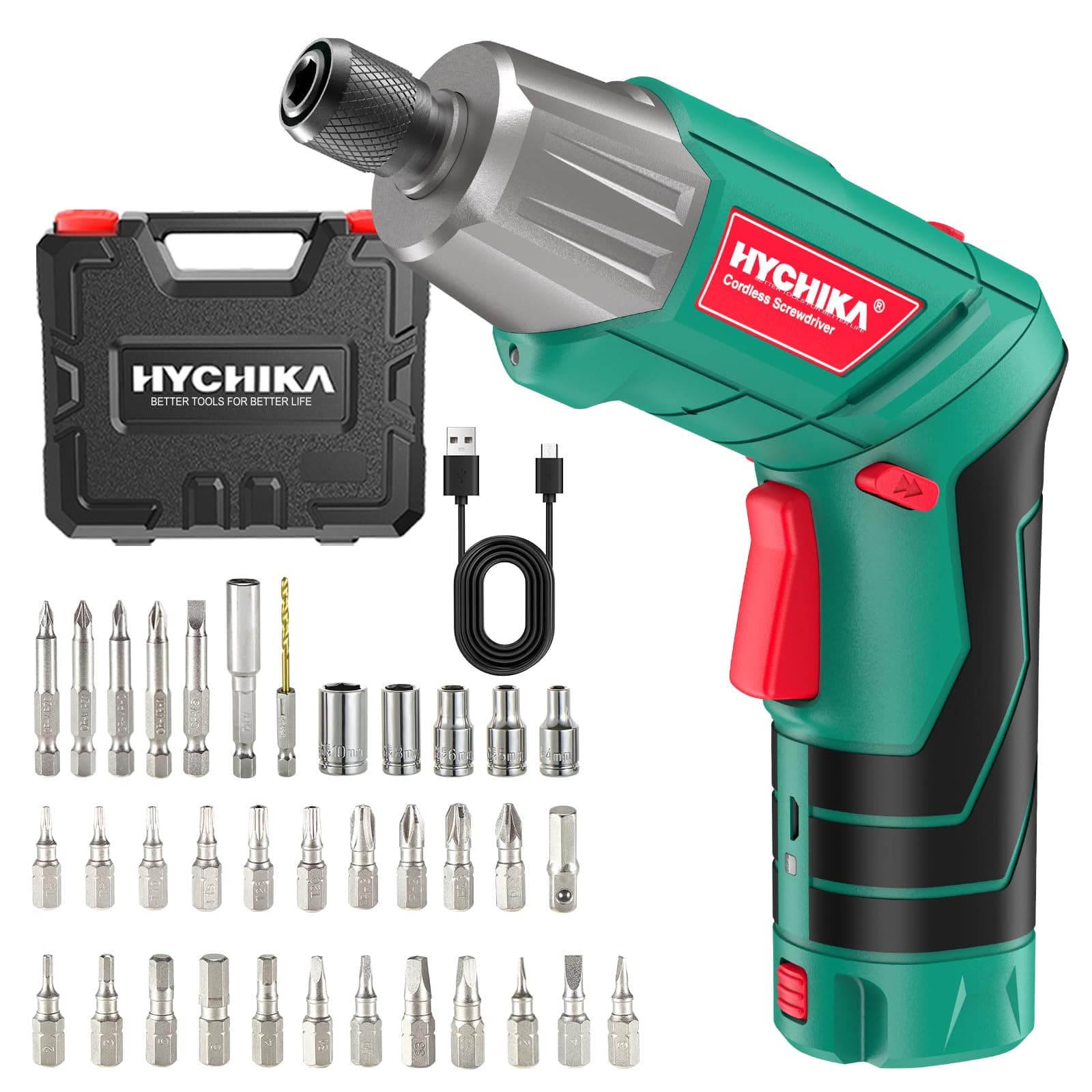 HYCHIKA Cordless Screwdriver, 6Nm Torque Electric Screwdriver 2000mAh 3.6V with 35 Accessories, LED Light and Rear Flashlight, USB Cable and Storage Box