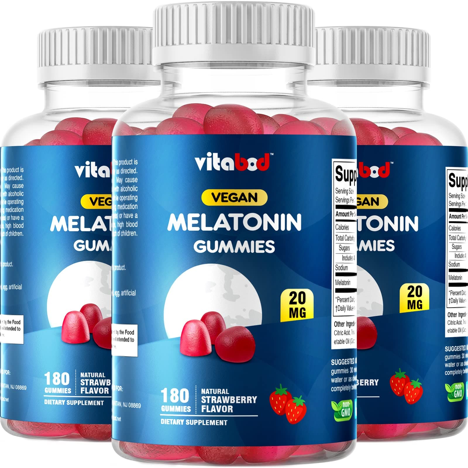 Melatonin 20mg Gummies - 180 Count - Drug Free - Natural Strawberry Flavor - Vegetarian, Non-GMO, Gluten Free (3 Bottles)