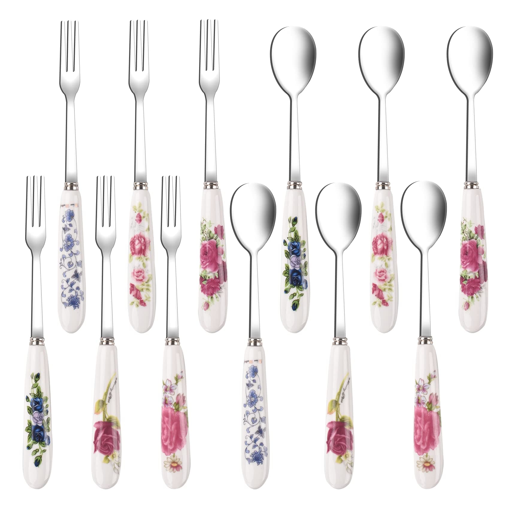 12 Pieces Forks and Spoons with Ceramics Handle, Stainless Steel Utensils Dessert Spoons and Forks Set for 6, Cutlery Set with Flower Pattern, Flatware Sets for Home Restaurant and Kitchen