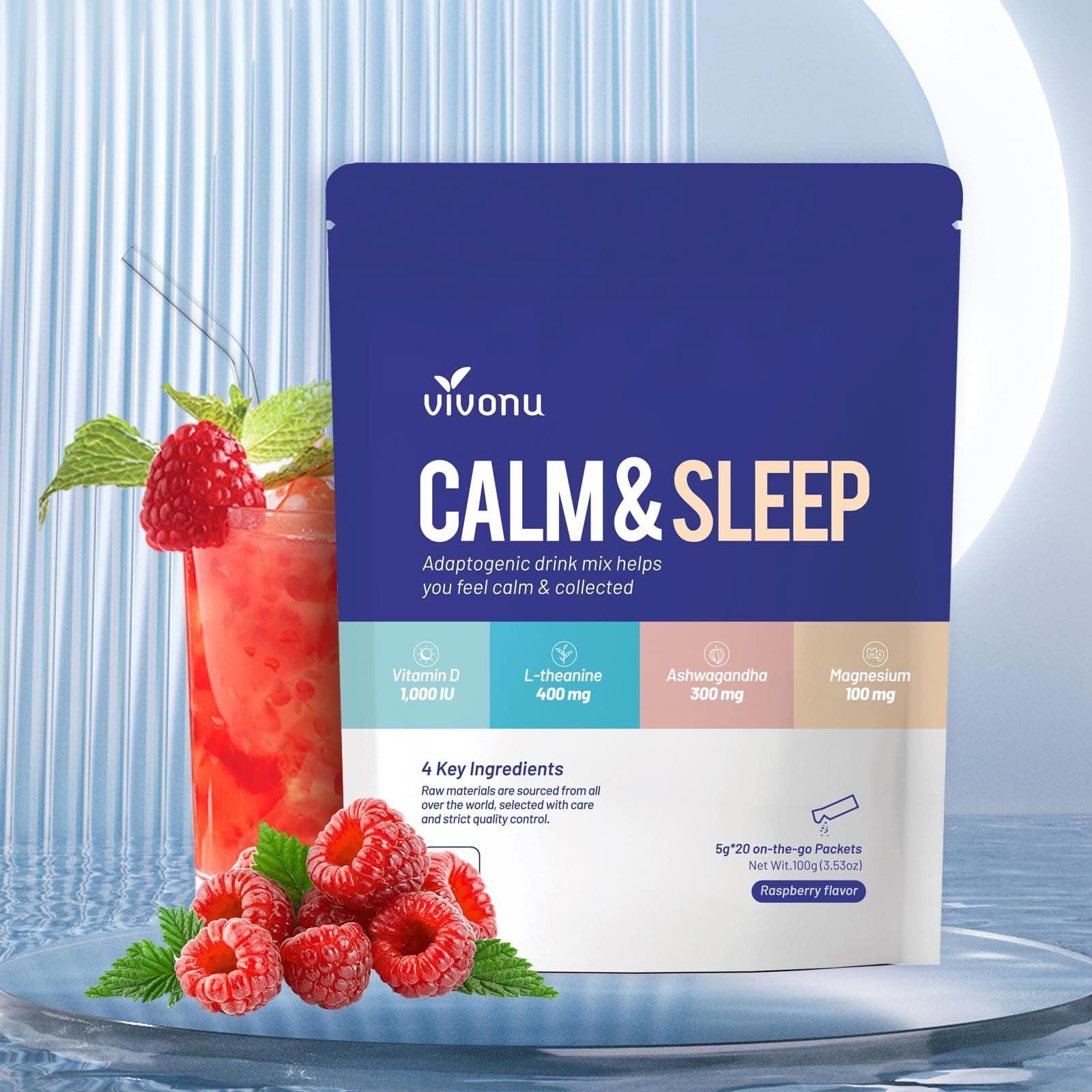 Calm & Sleep Powdered Drink Mix Raspberry L Theanine Ksm-66 Ashwagandha Magnesium Glycinate Vitamin D 3 Supplements for Relaxation & Focus No Sugar Non GMO